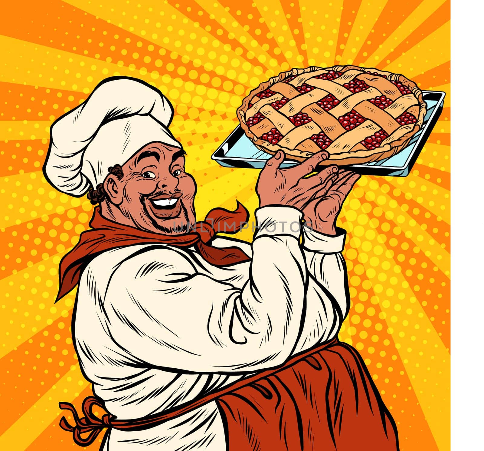African American or Latino cook with a berry pie, pop art retro vector illustration