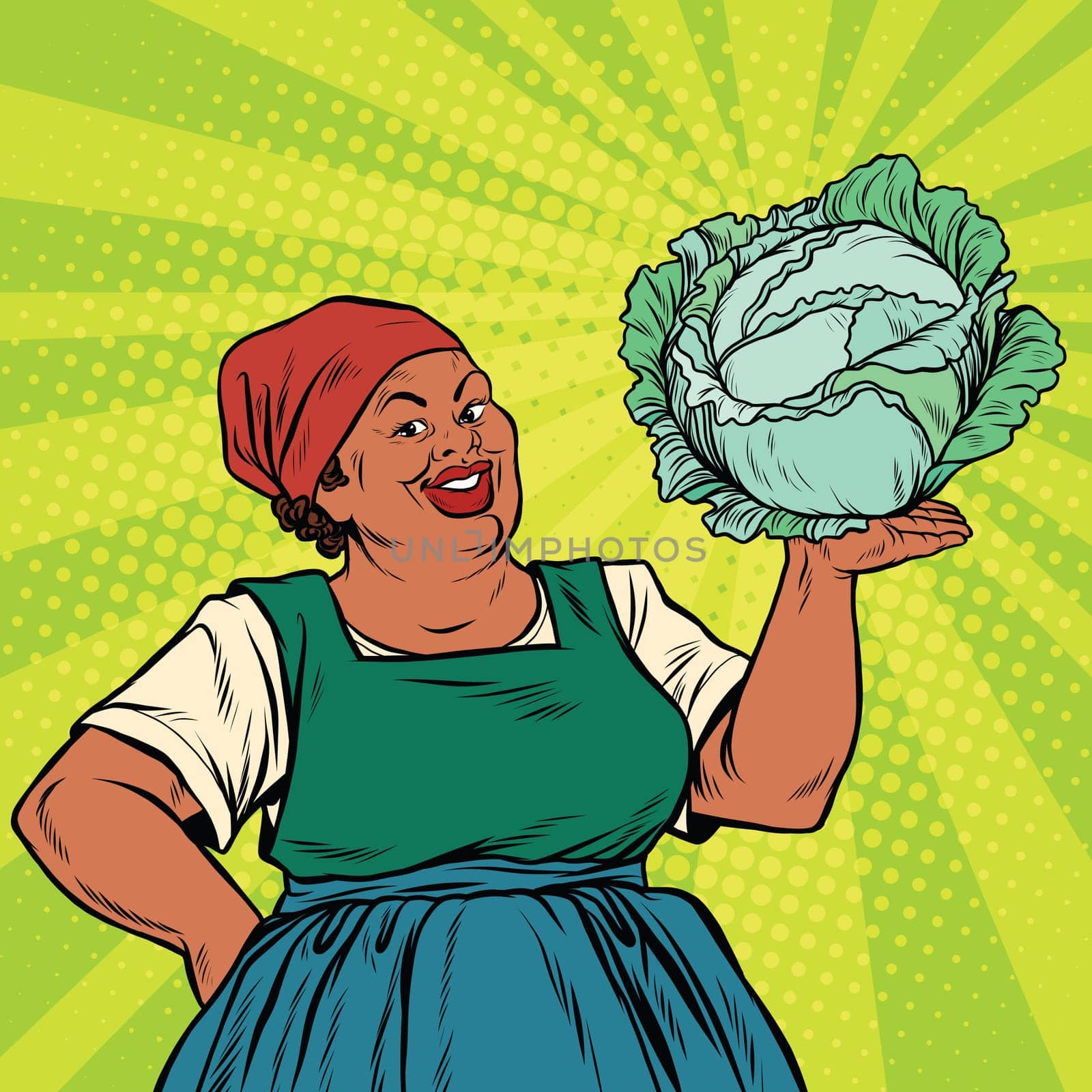 Retro old African-American woman with a head of cabbage, pop art retro vector illustration