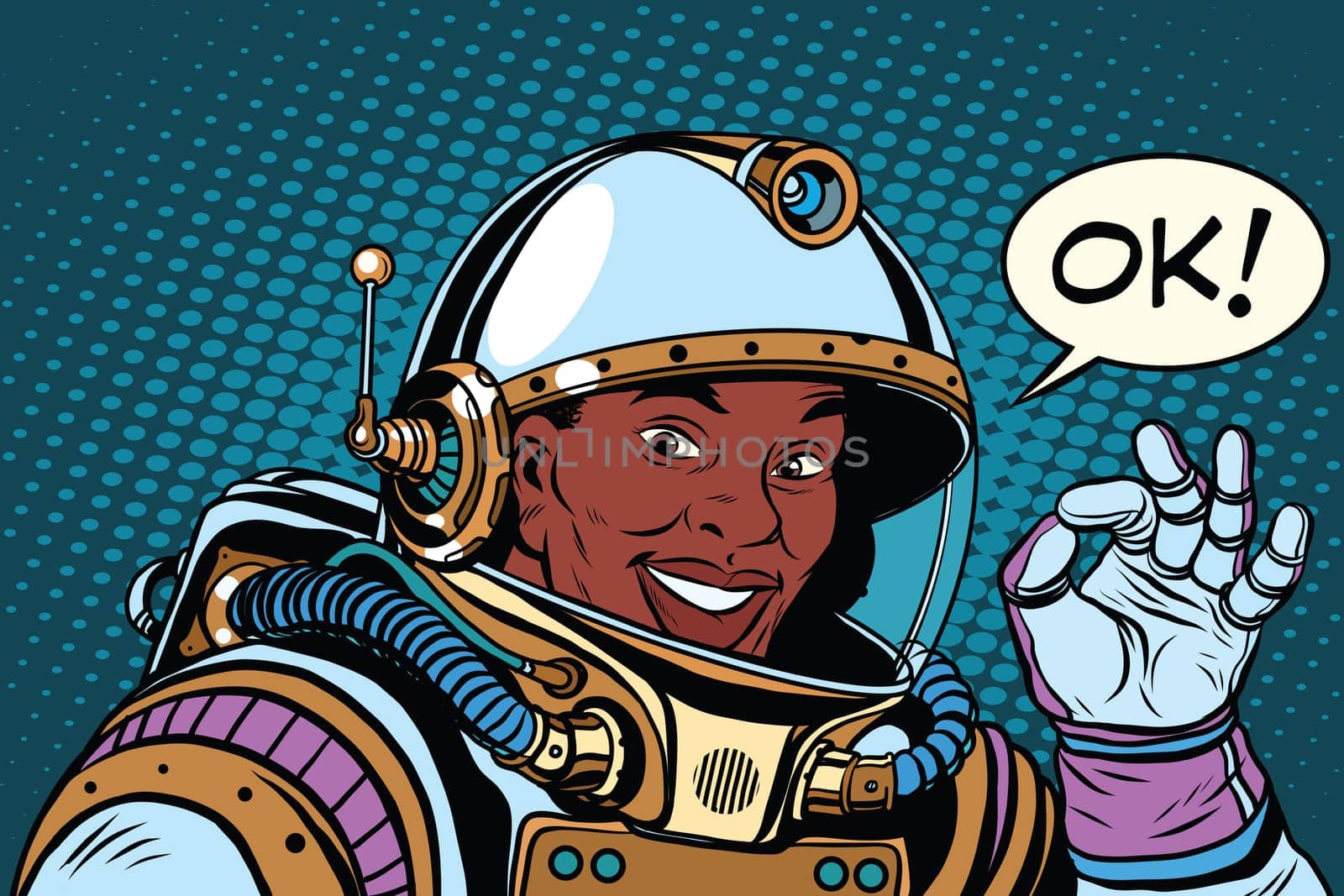 African American astronaut OK gesture, pop art retro vector illustration. Space and scientific research. Okay all good