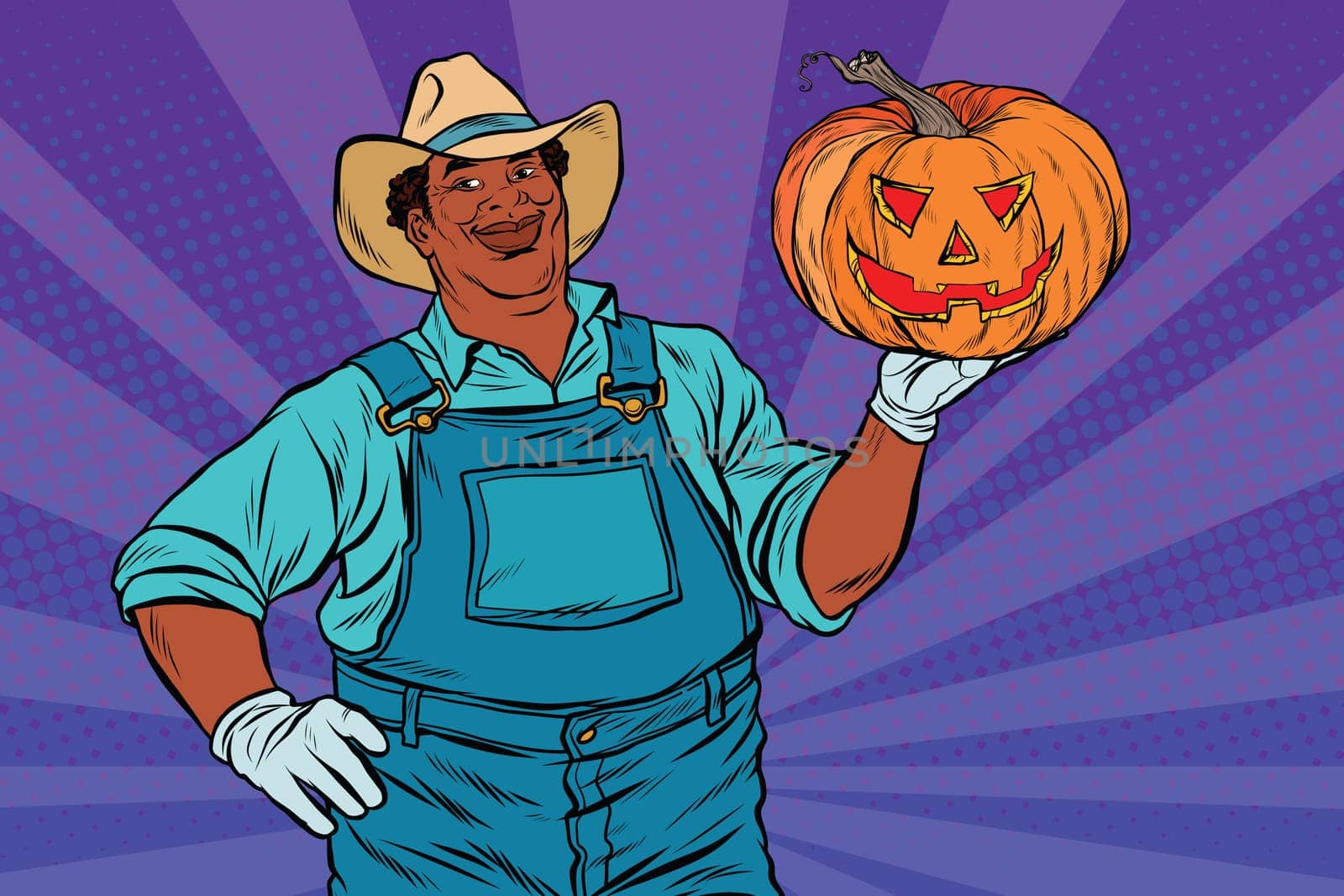 African American farmer with a Halloween pumpkin, pop art retro vector illustration