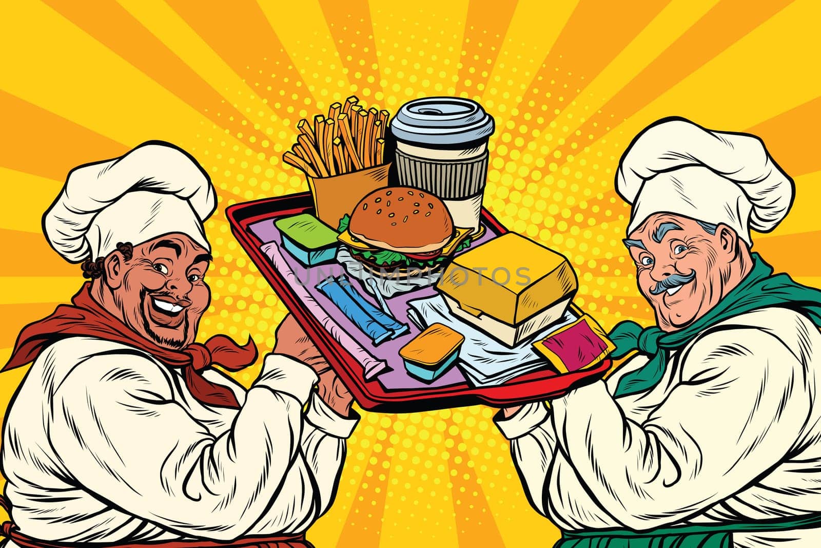 Multi ethnic cooks, fast food, pop art retro vector illustration
