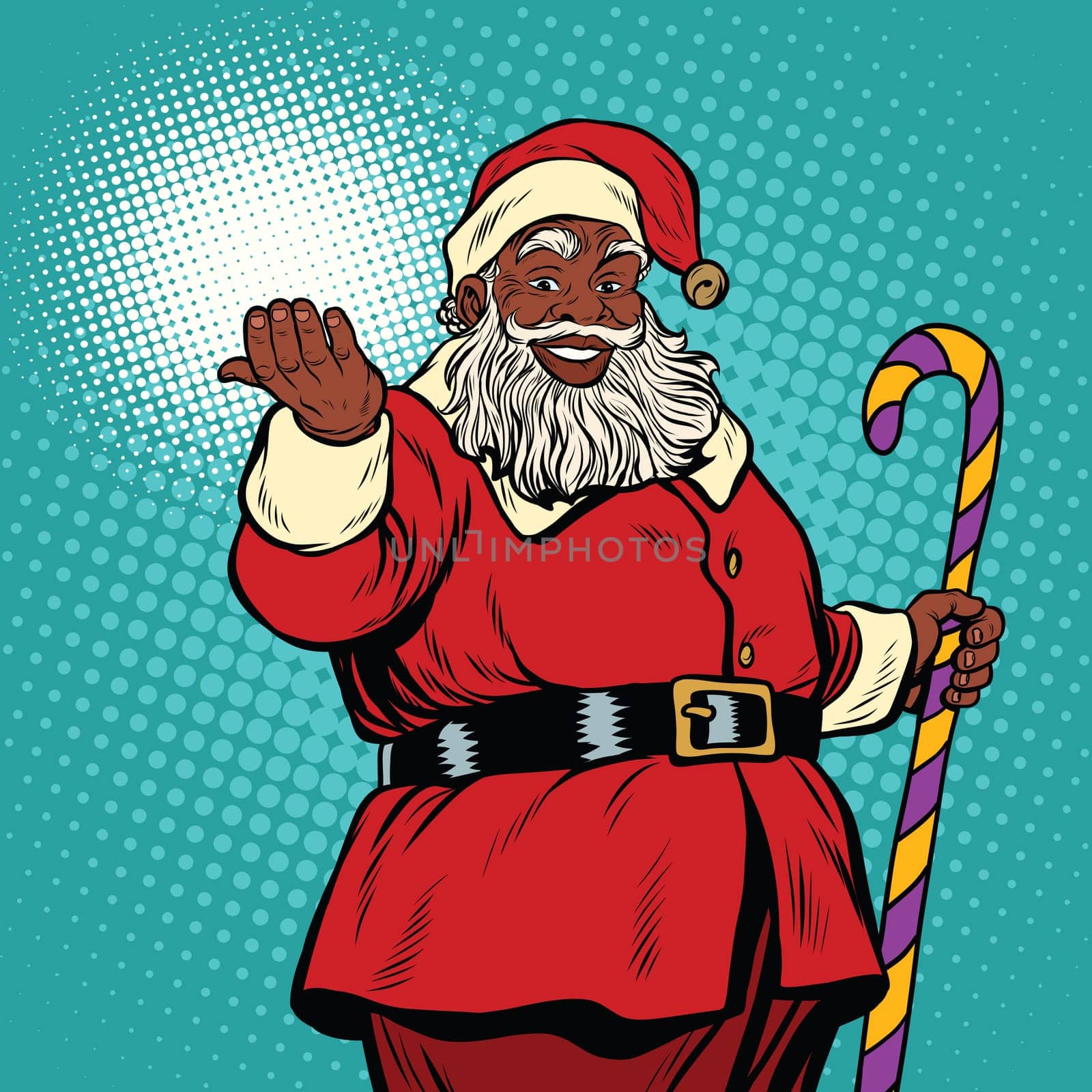 African American black Santa Claus, pop art retro vector illustration. Christmas and New year