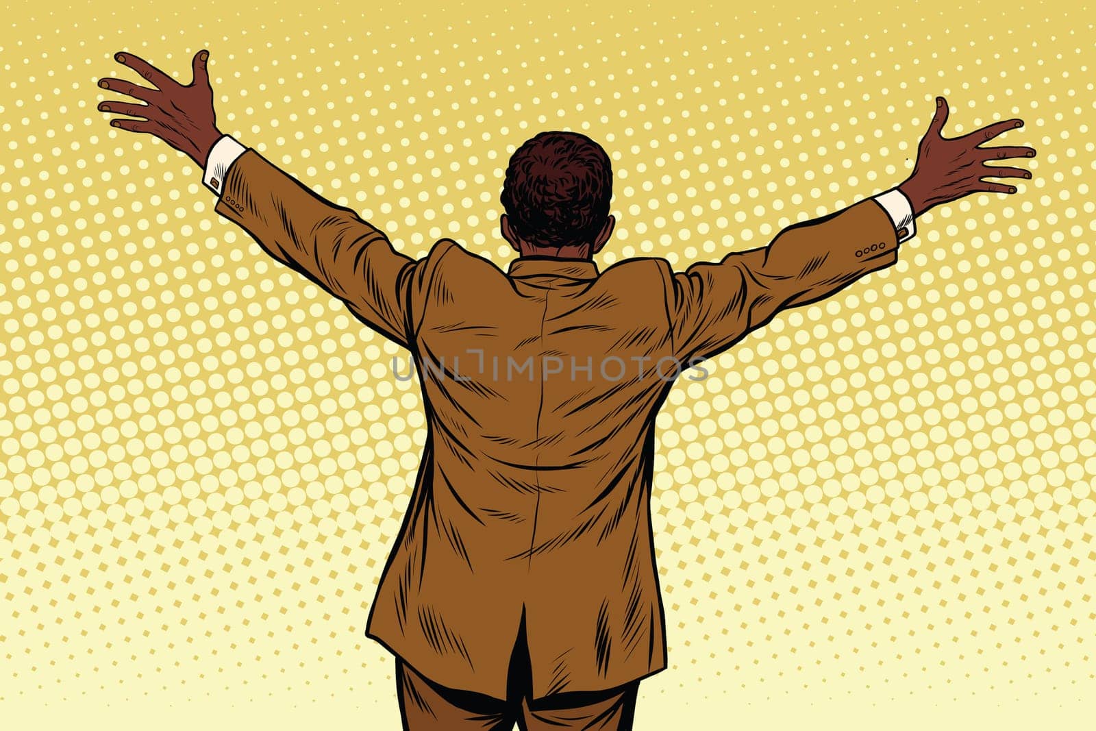 Back African American businessman open hands for hugs, pop art retro vector illustration