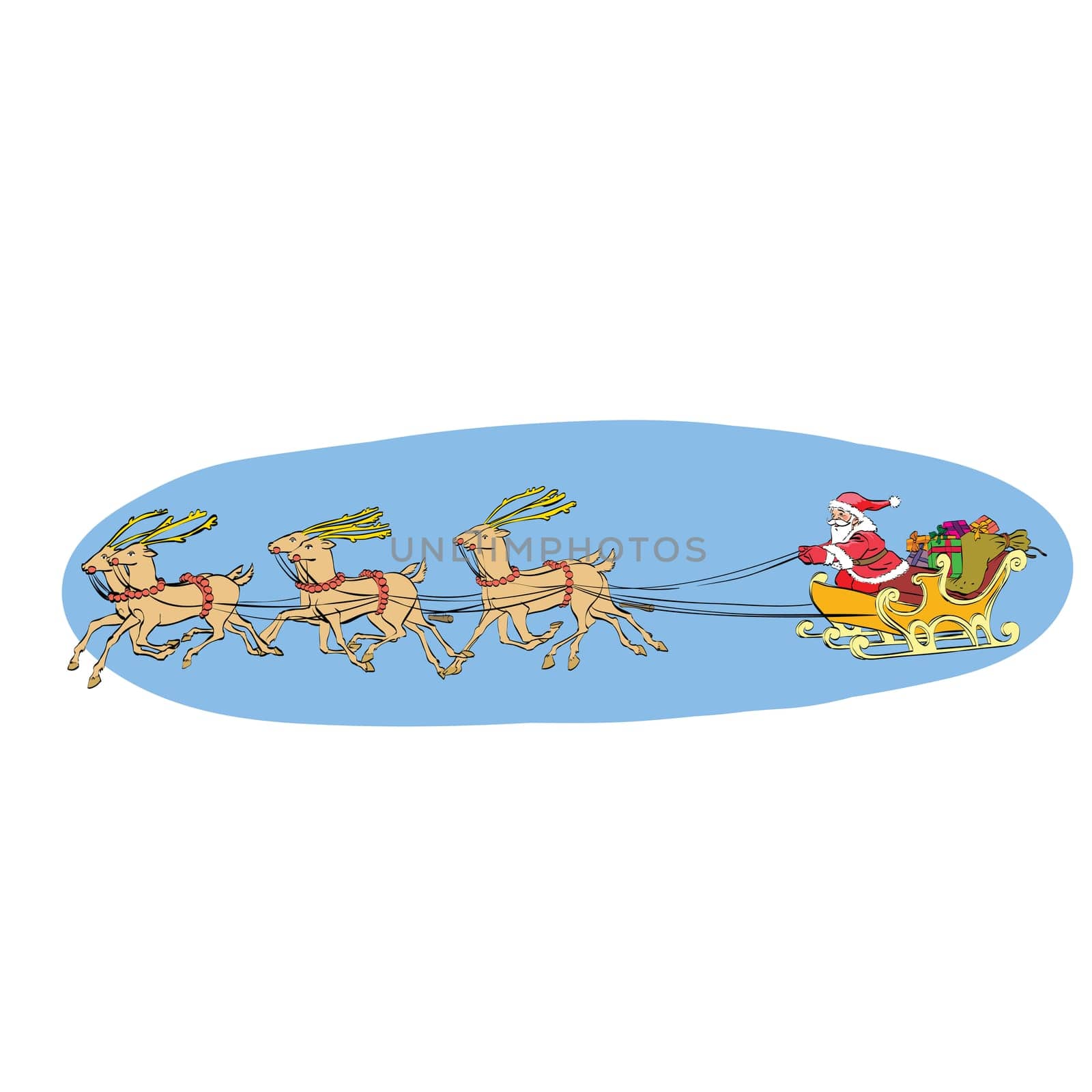 Reindeer sled carries Santa Claus on a sleigh, hand drawn vector illustration. Christmas and New year