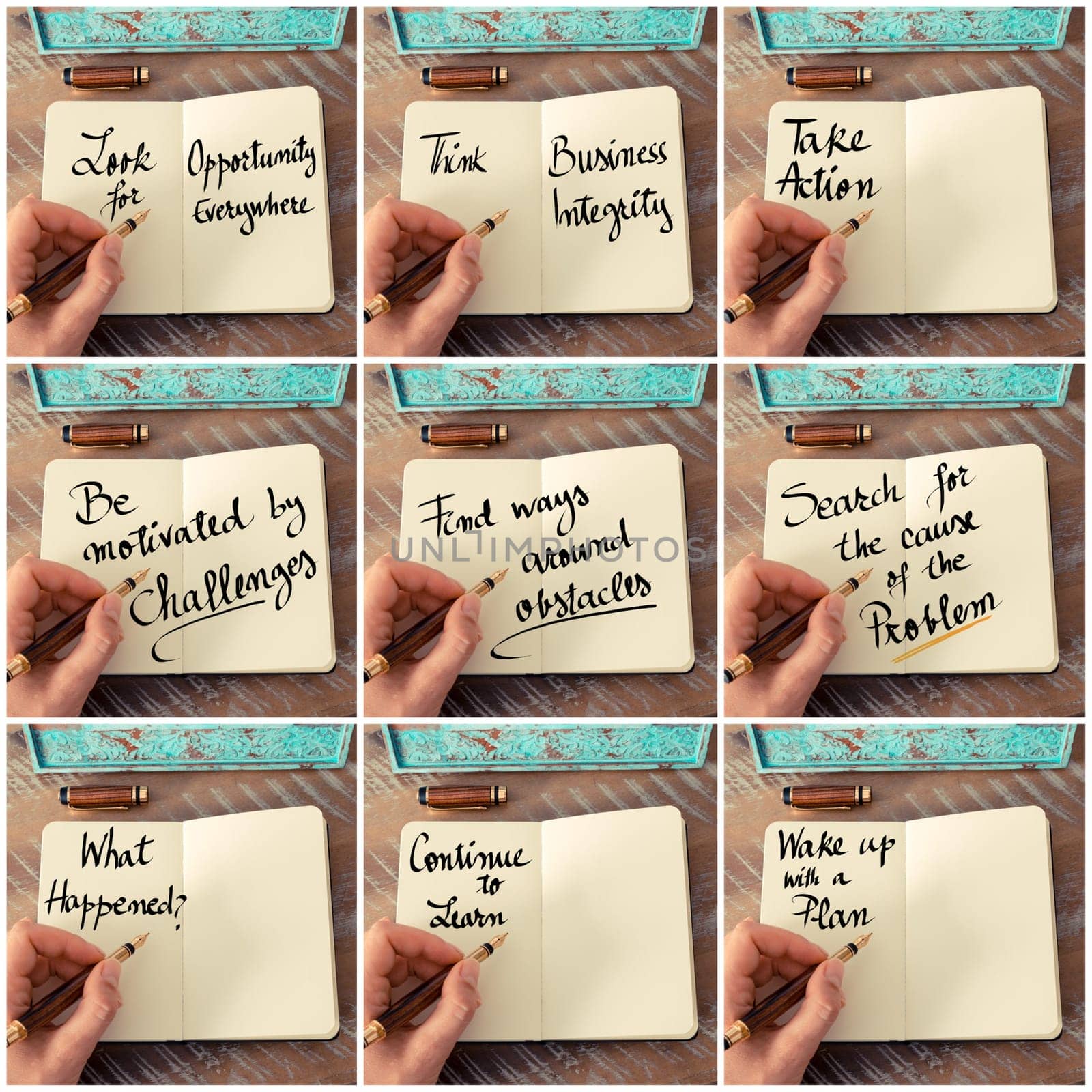 Photo collage of handwritten business motivational messages. Retro effect and toned image of a woman hand writing a note with fountain pen on a notebook as business concept image.