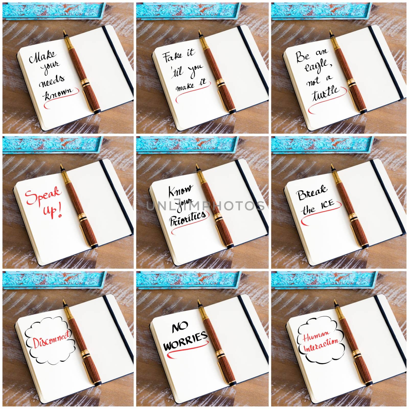 Photo collage of handwritten business motivational message with fountain pen on notebook as business concept image