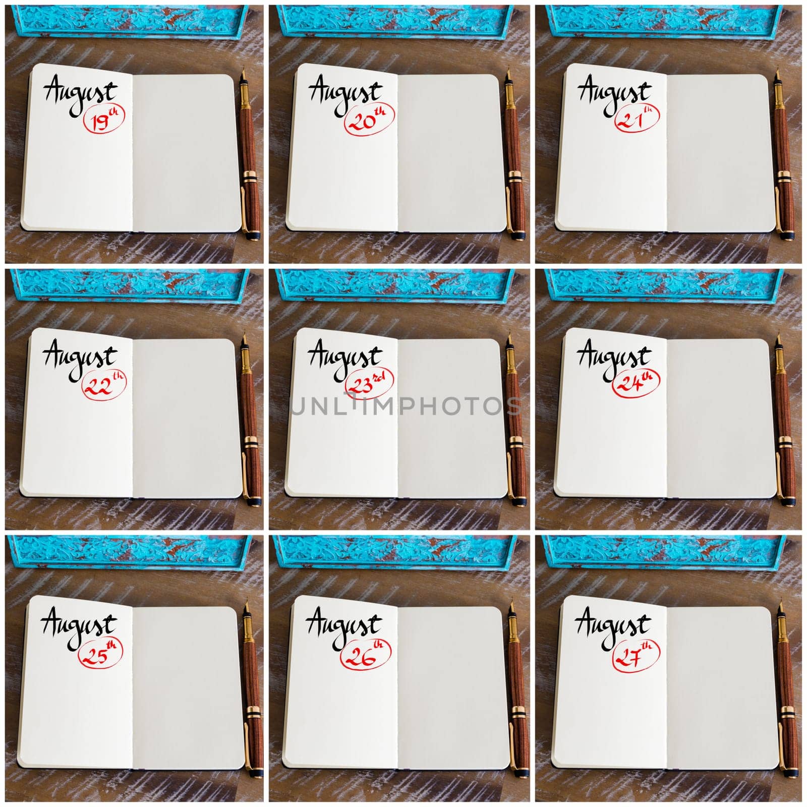 Photo collage of days 19th to the 27th of month August handwritten with fountain pen on a notebook
