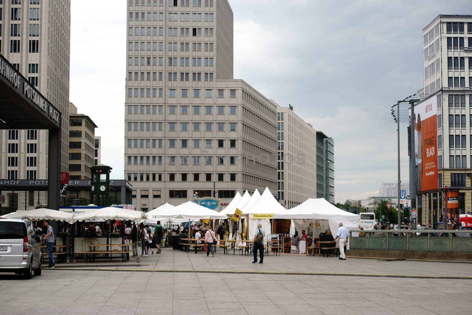 Berlin,Germany – June 21,2016: Food stalls in front of the Beisheim Center at Potsdamer Platz in front of the subway station on June 21,2016 in Berlin.