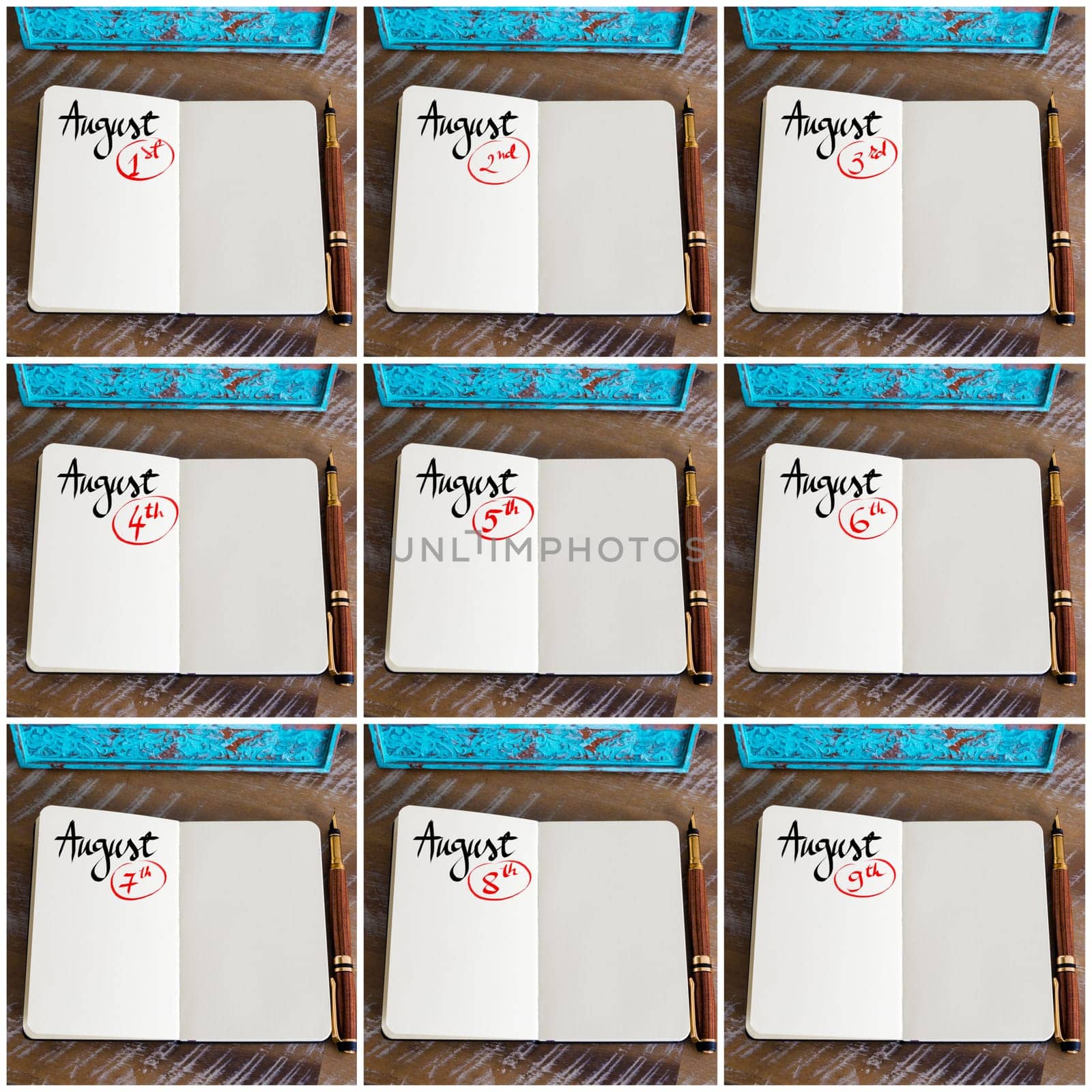 Photo collage of days 1st to 9th of month August handwritten with fountain pen on a notebook