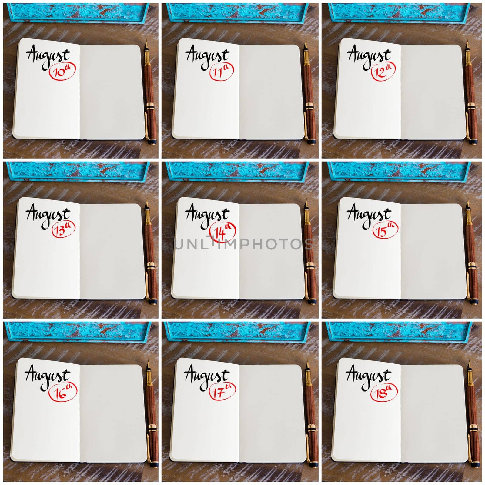 Photo collage of days 10th to the 18th of month August handwritten with fountain pen on a notebook