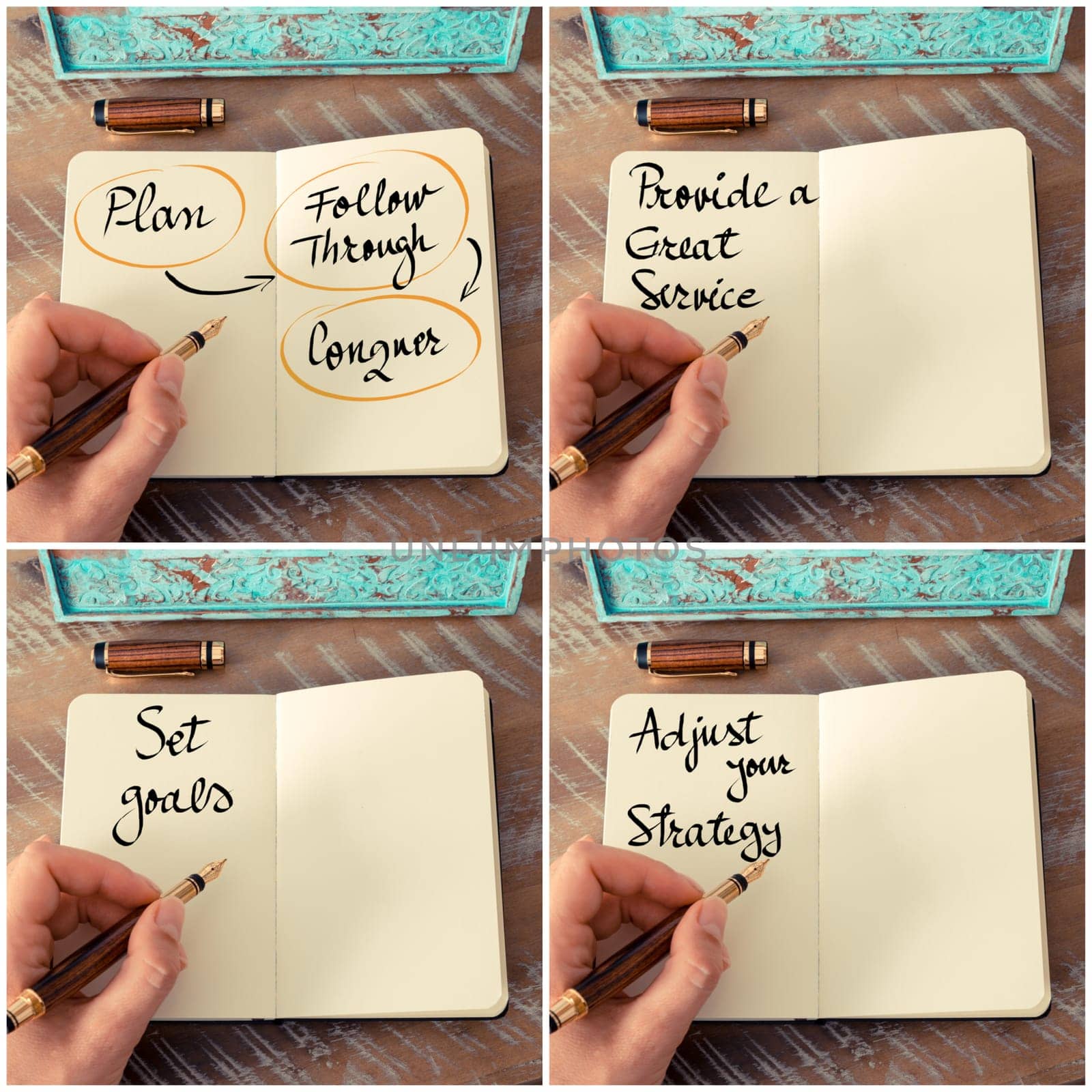 Photo collage of handwritten business motivational messages. Retro effect and toned image of a woman hand writing a note with fountain pen on a notebook as business concept image.