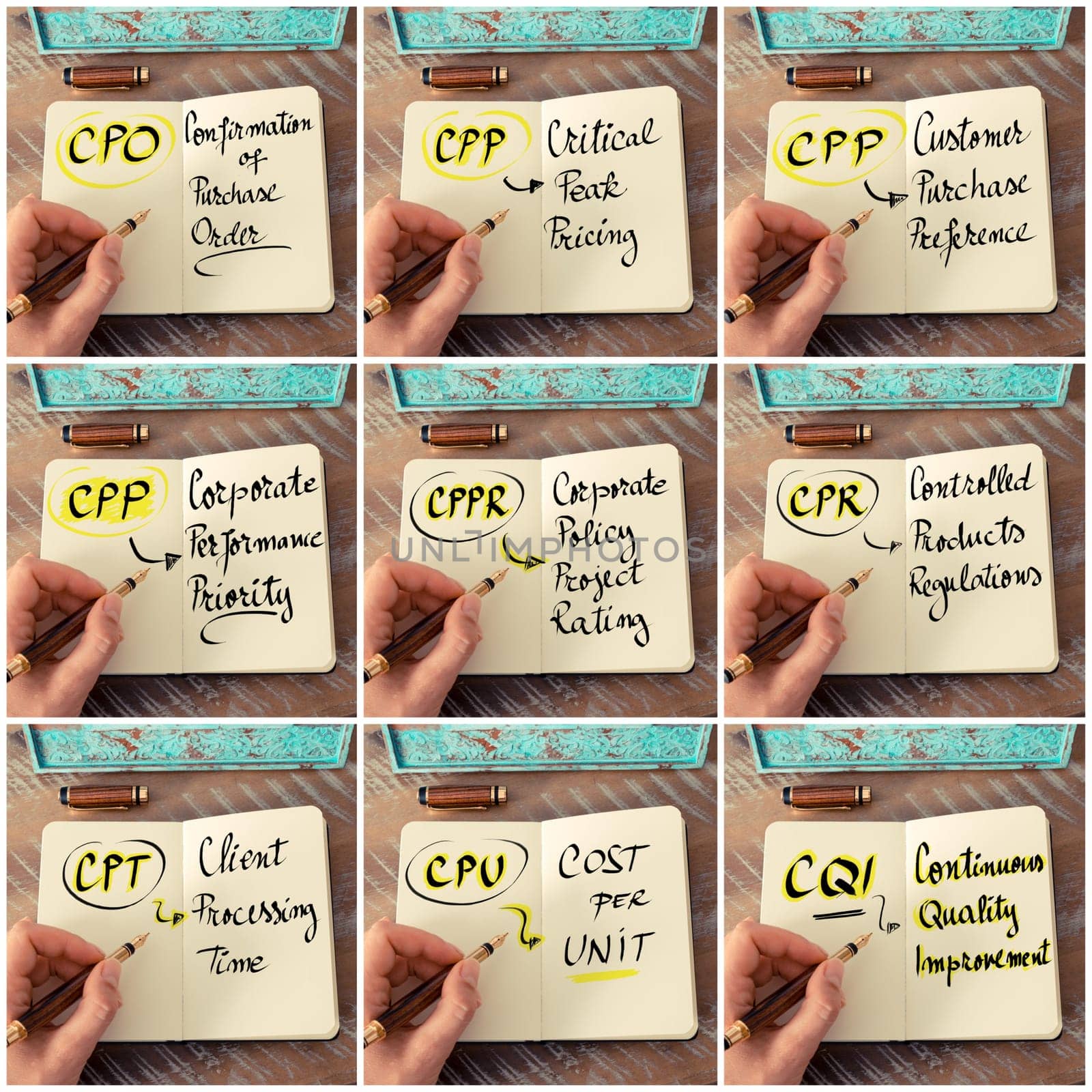 Photo collage of handwritten business acronyms. Retro effect and toned image of a woman hand writing a note with fountain pen on a notebook as business concept image.
