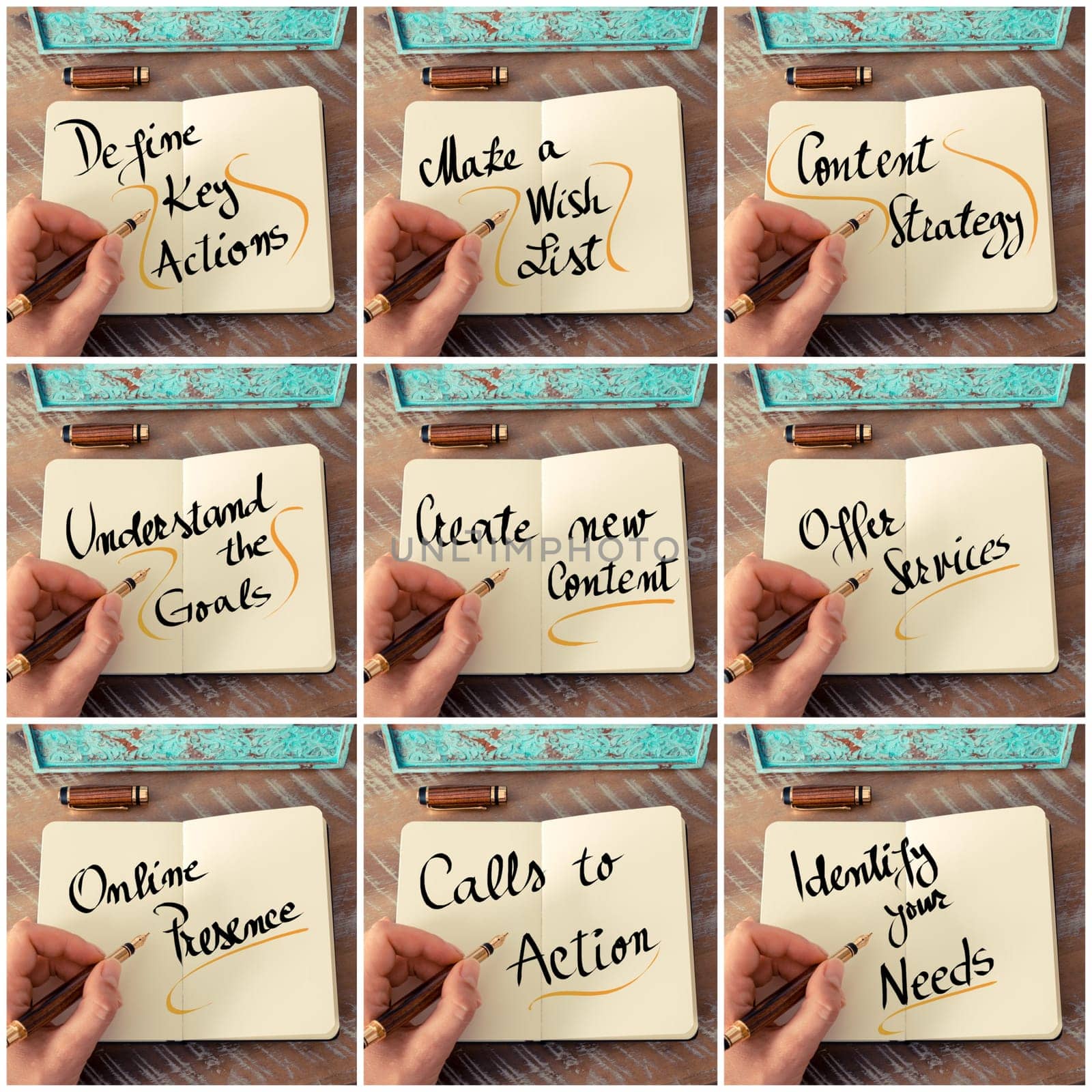 Photo collage of handwritten business motivational messages. Retro effect and toned image of a woman hand writing a note with fountain pen on a notebook as business concept image.