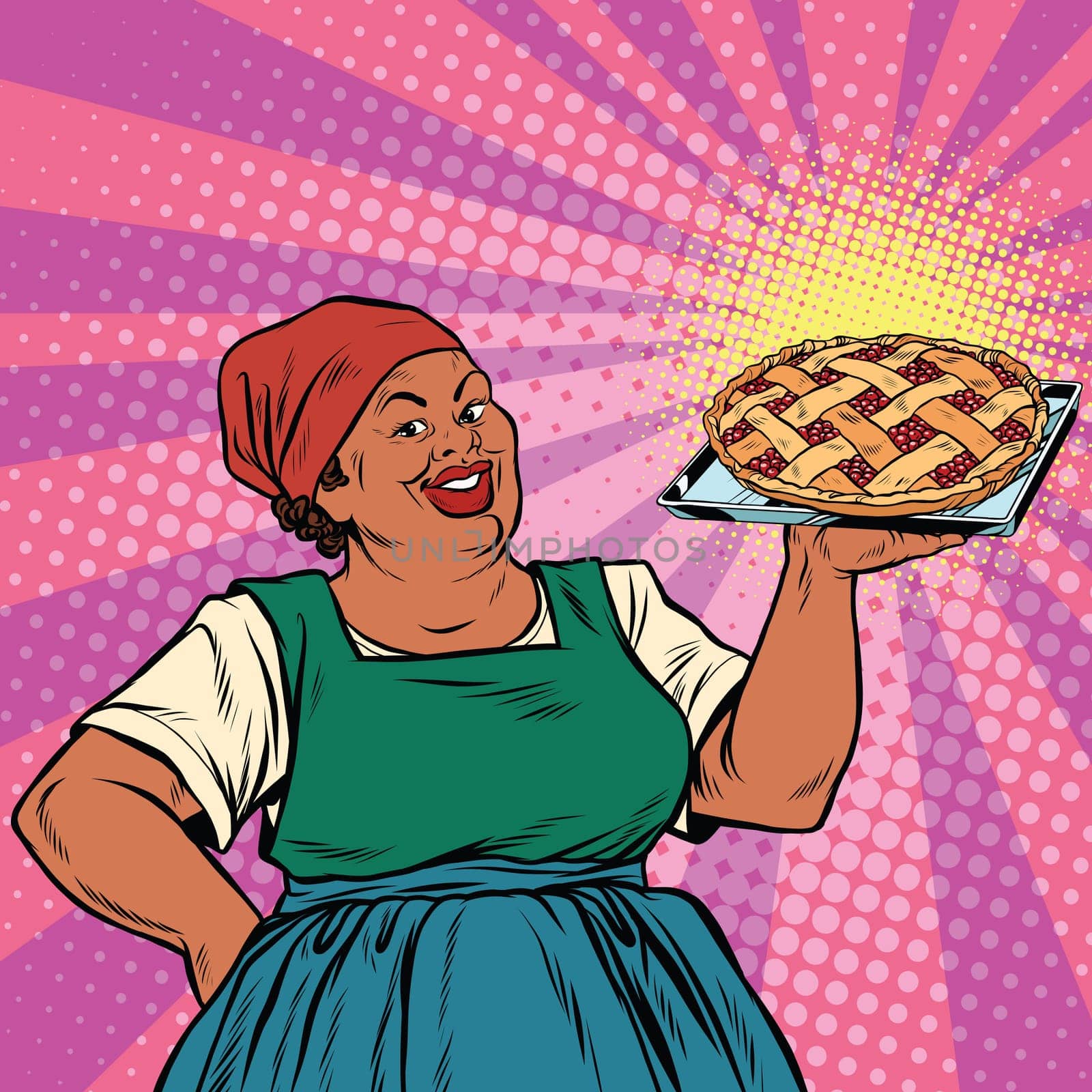 Retro old female African-American berry pie, pop art retro vector illustration