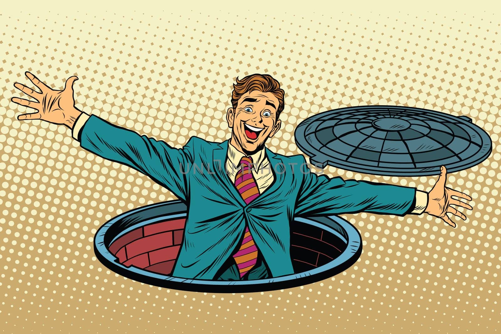 joyful man in the manhole. pop art retro vector illustration
