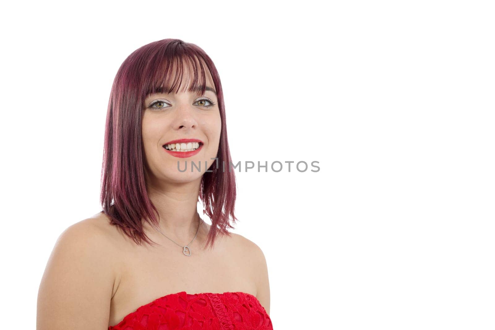 portrait of a beautiful young woman with green eyes isolated on white background