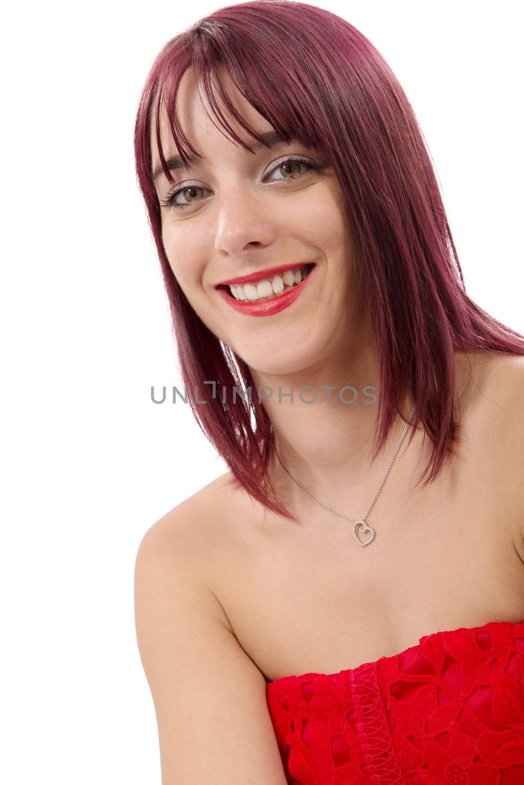 portrait of a beautiful young woman with green eyes isolated on white background
