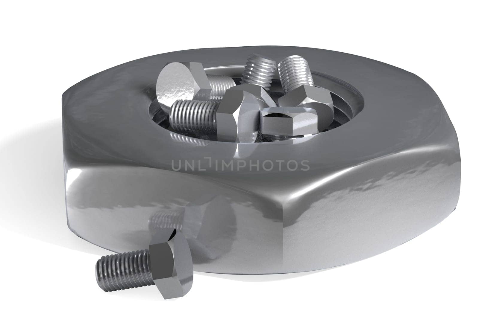 small bolts and big nut on white 3d render