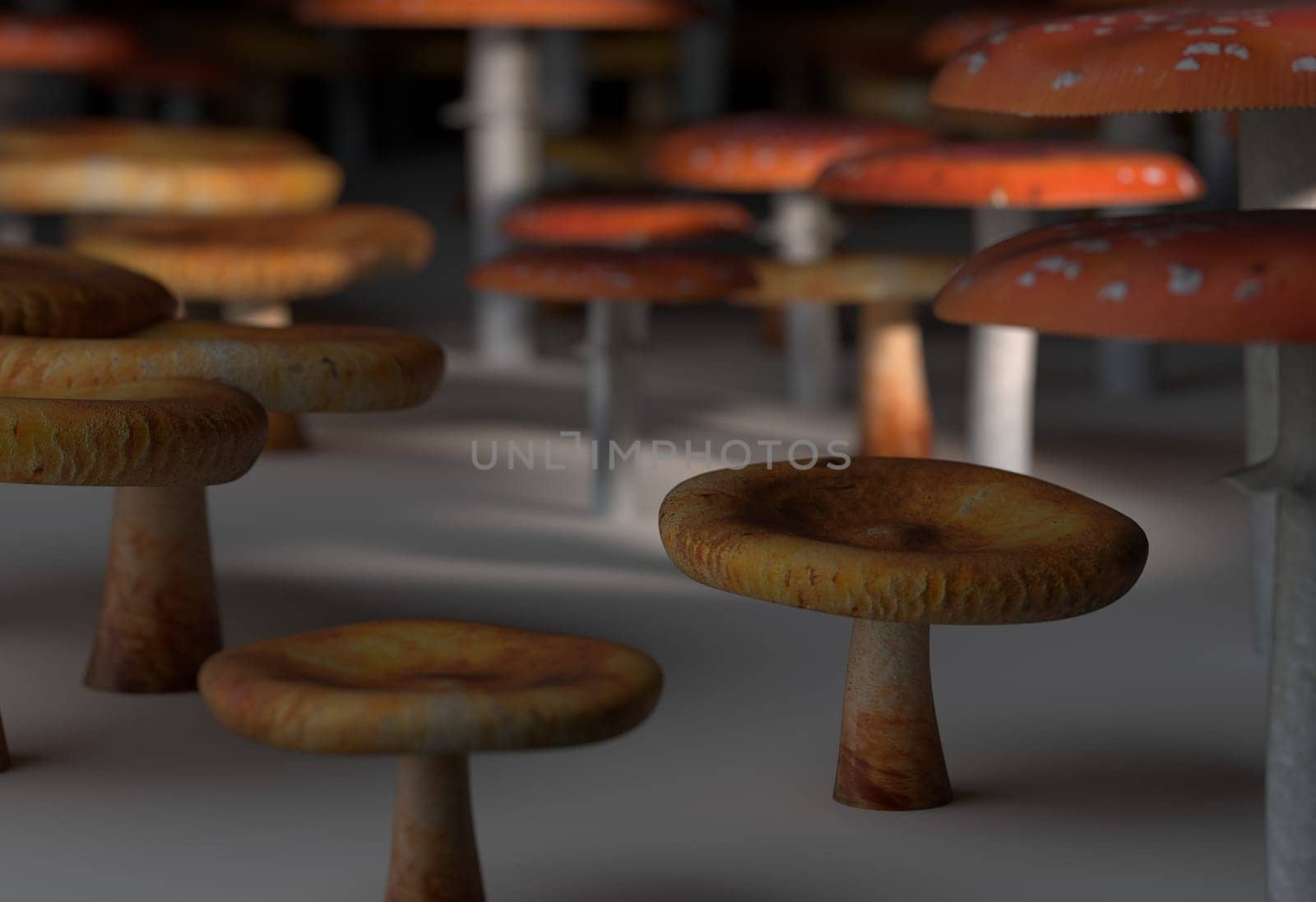 Set of mushrooms on white ground with sunlight 3d render
