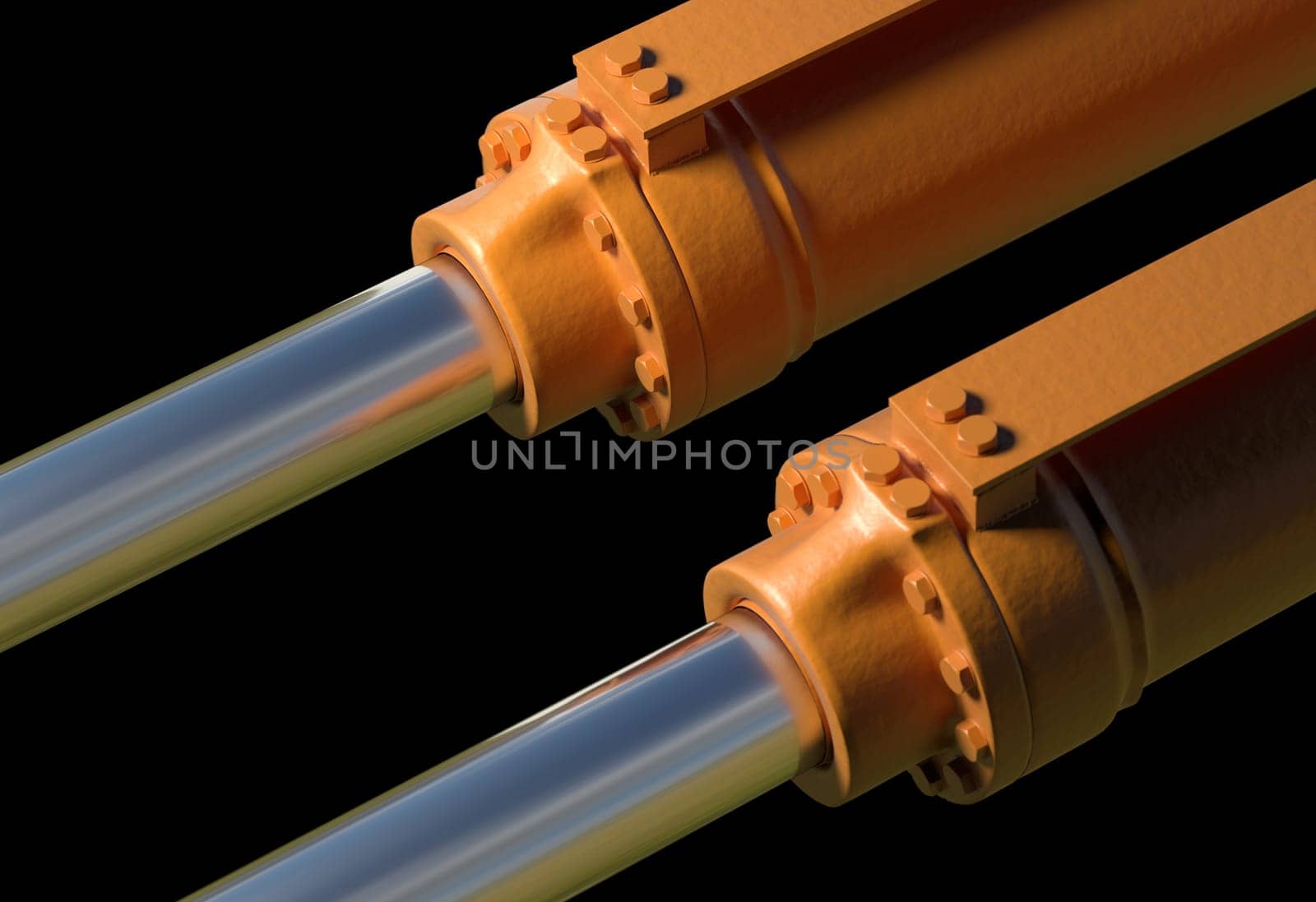yellow hydraulic pistons with bolt and nut 3d render