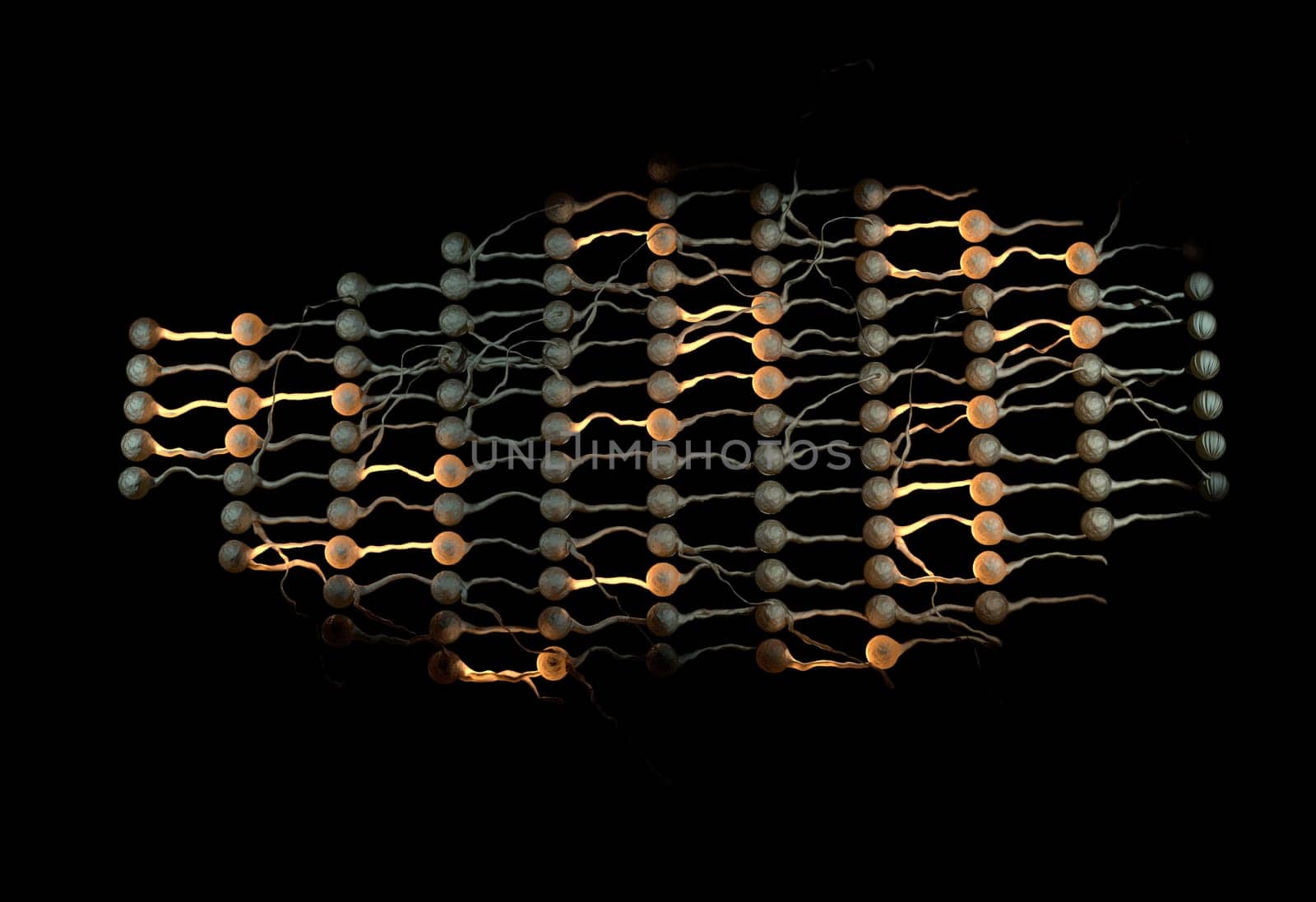 Neural net. Neuron network and active links. 3d render