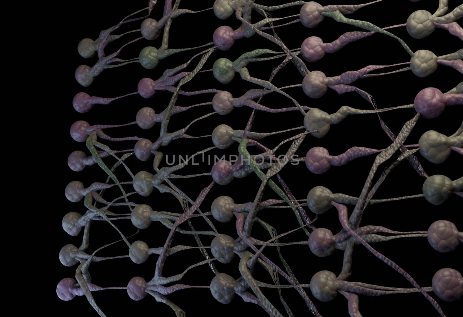 Artifical neuron cells net with links. 3D render.