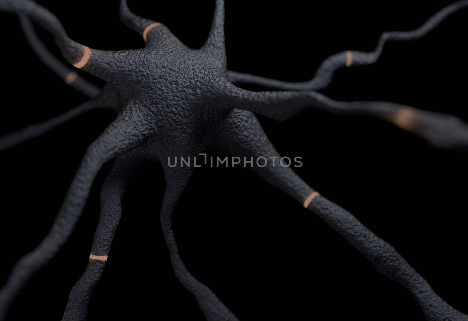 Gray neuron with signals impulses 3d render