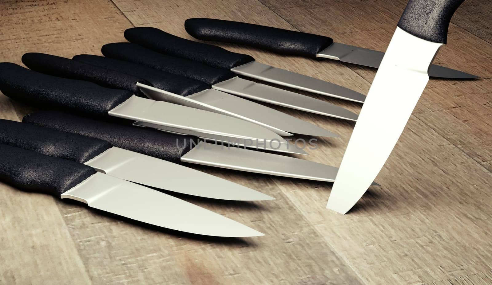 knifes with shine blades on wooden board