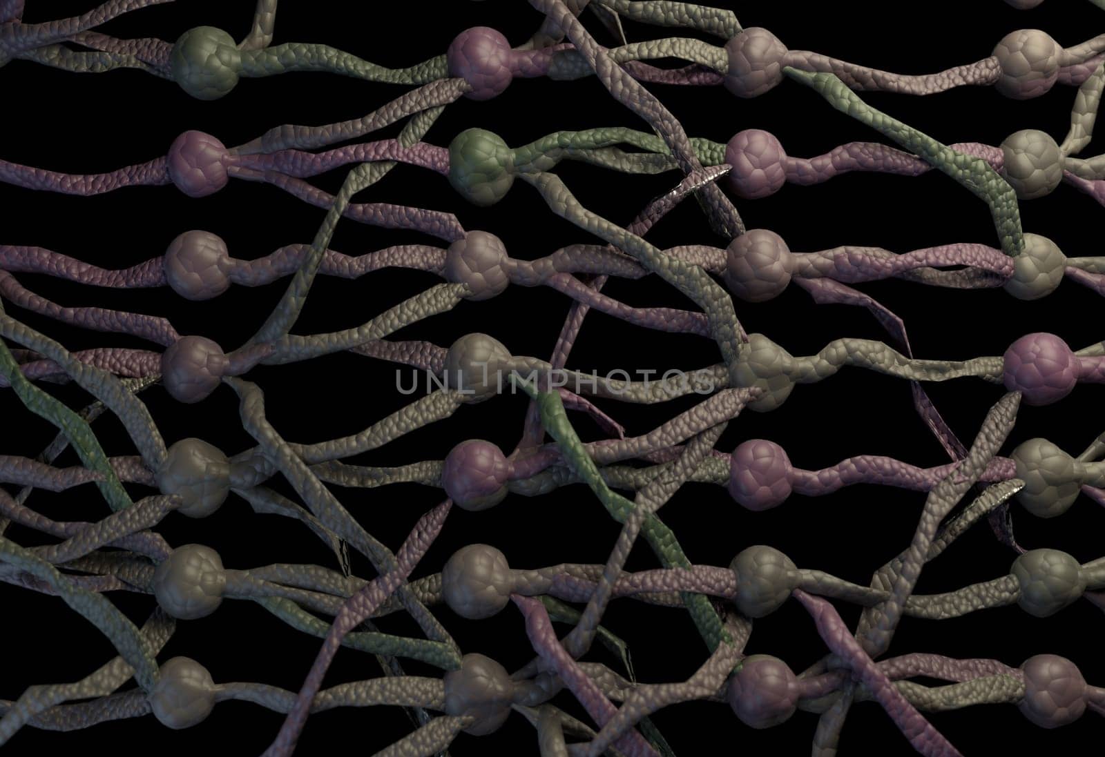 Artifical neuron cells net with links. 3D render.