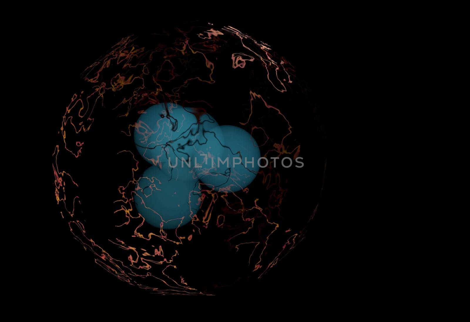 blue protons and neutrons in nucleus and surronded cloud of electrons 3d render
