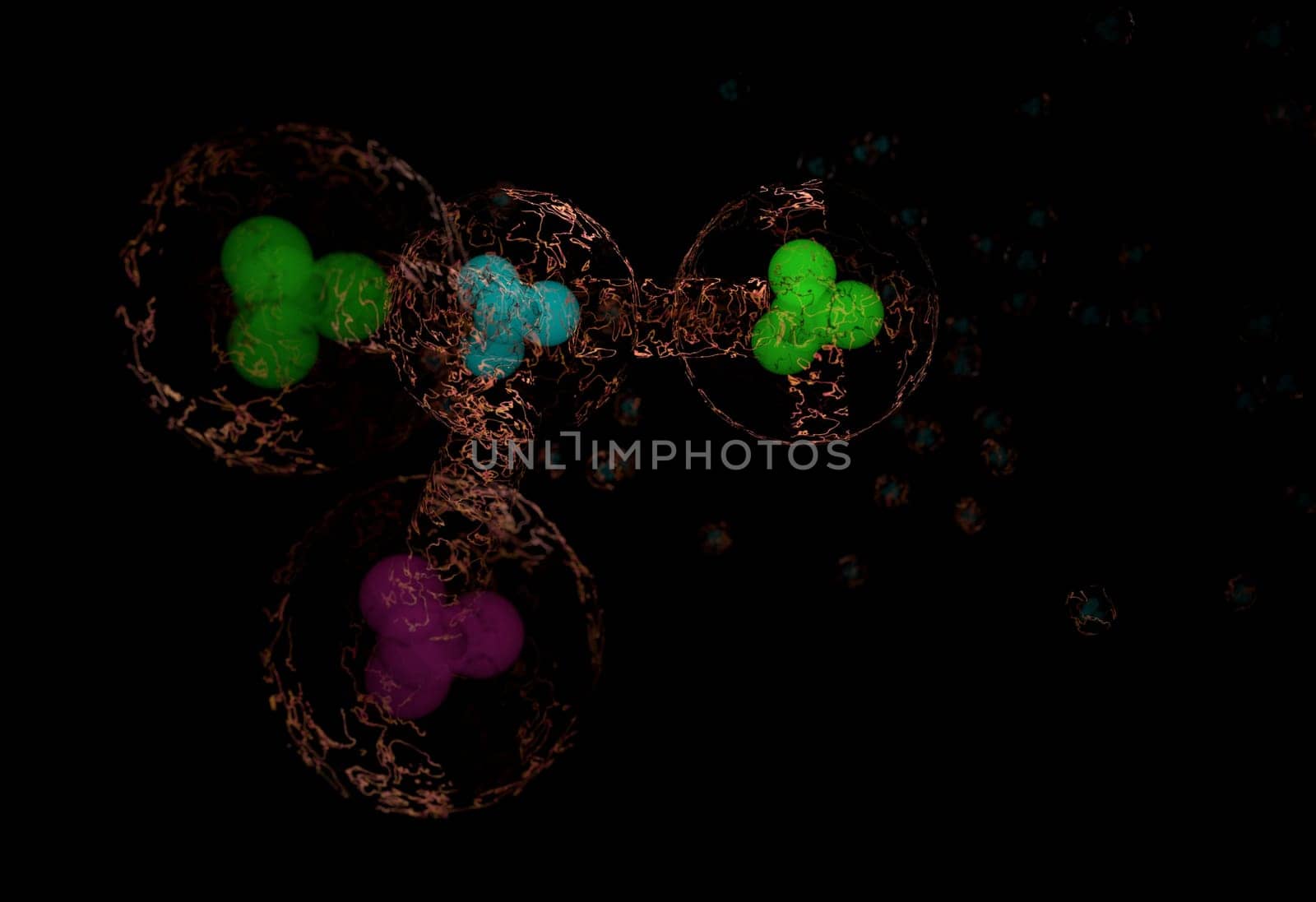 blue green pink nucleus of color molecules with electric links 3d render