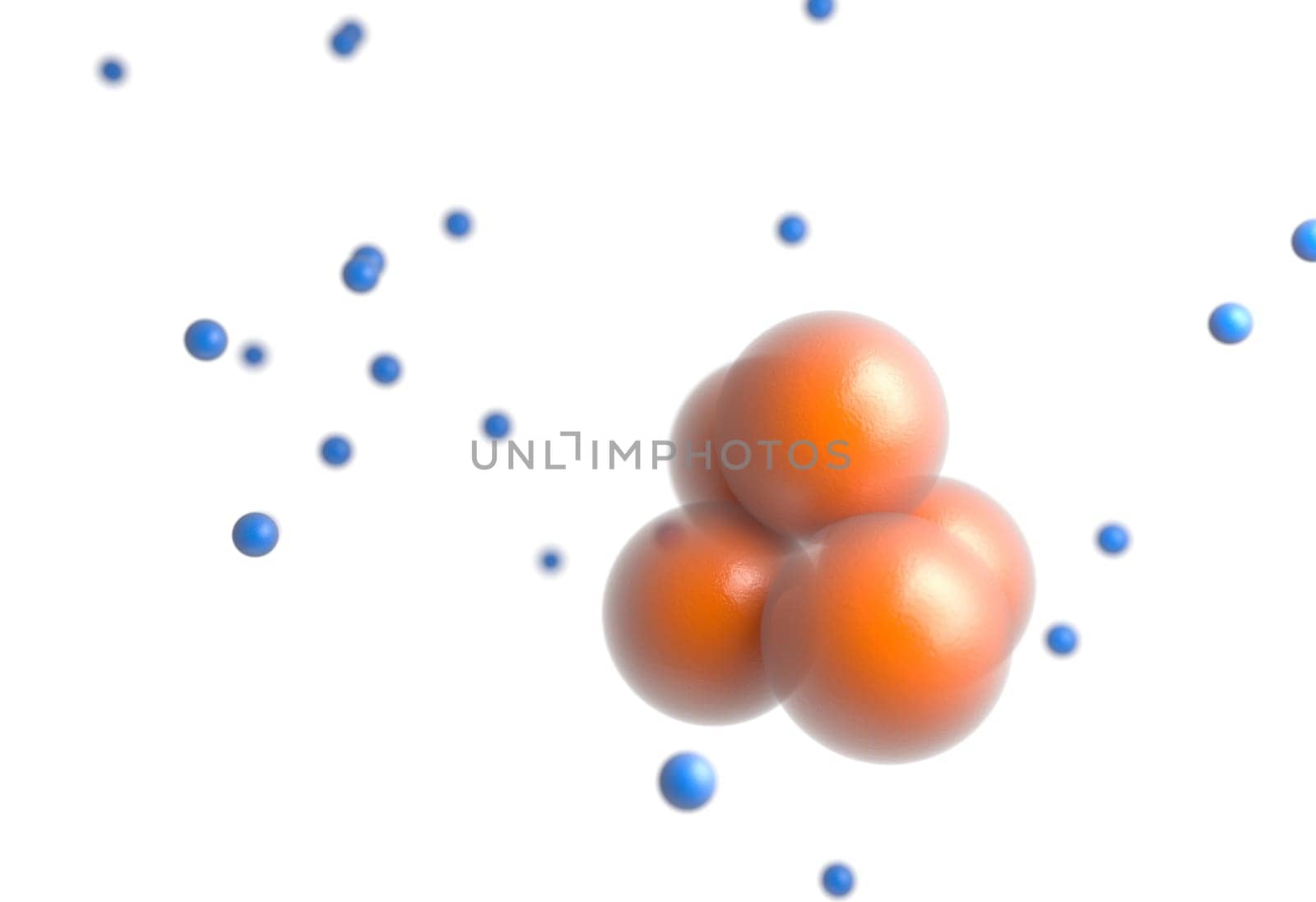 Orange protons nucleus of atom isolated on white render