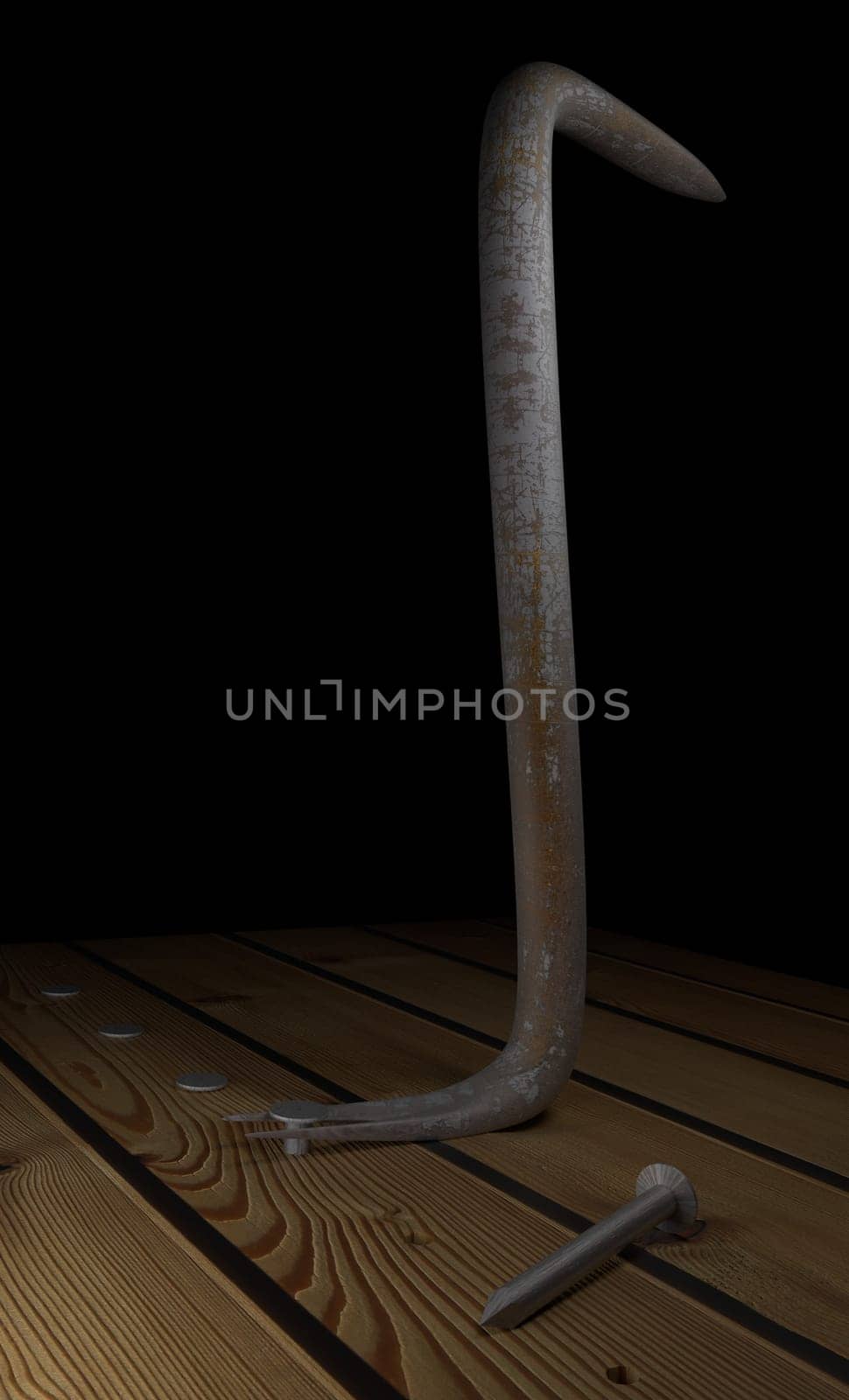 nails and old rusty nail puller on a wood table 3d render
