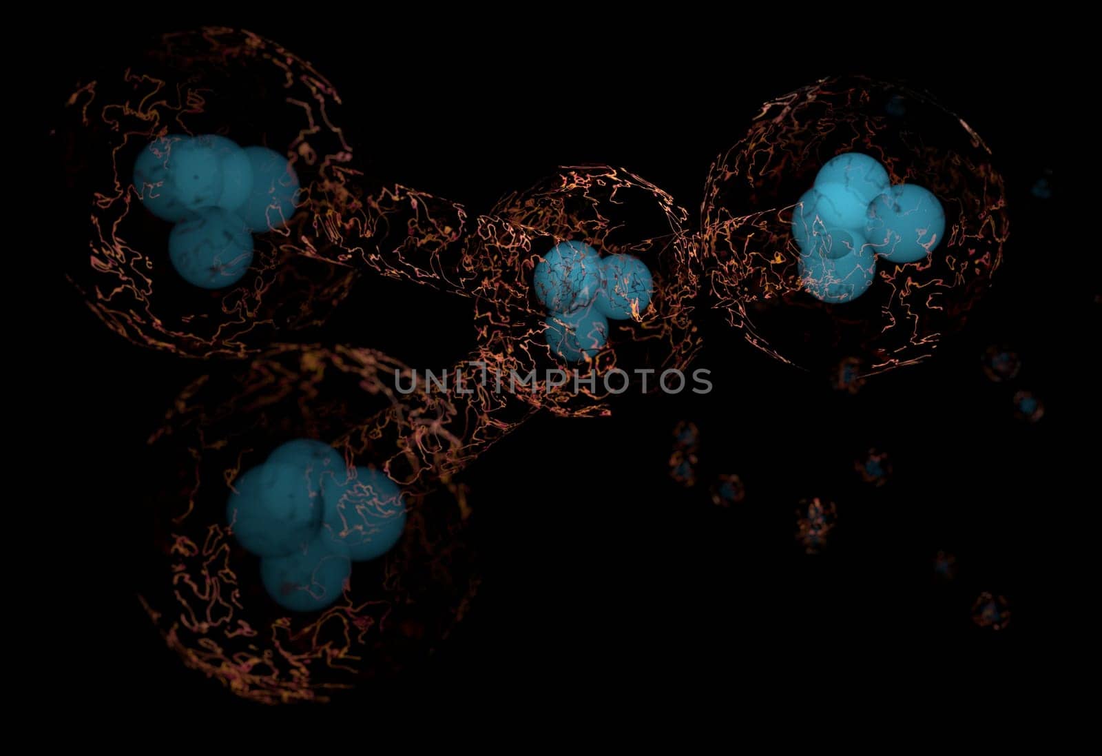 blue protons and neutrons in nucleus and surronded cloud of electrons 3d render