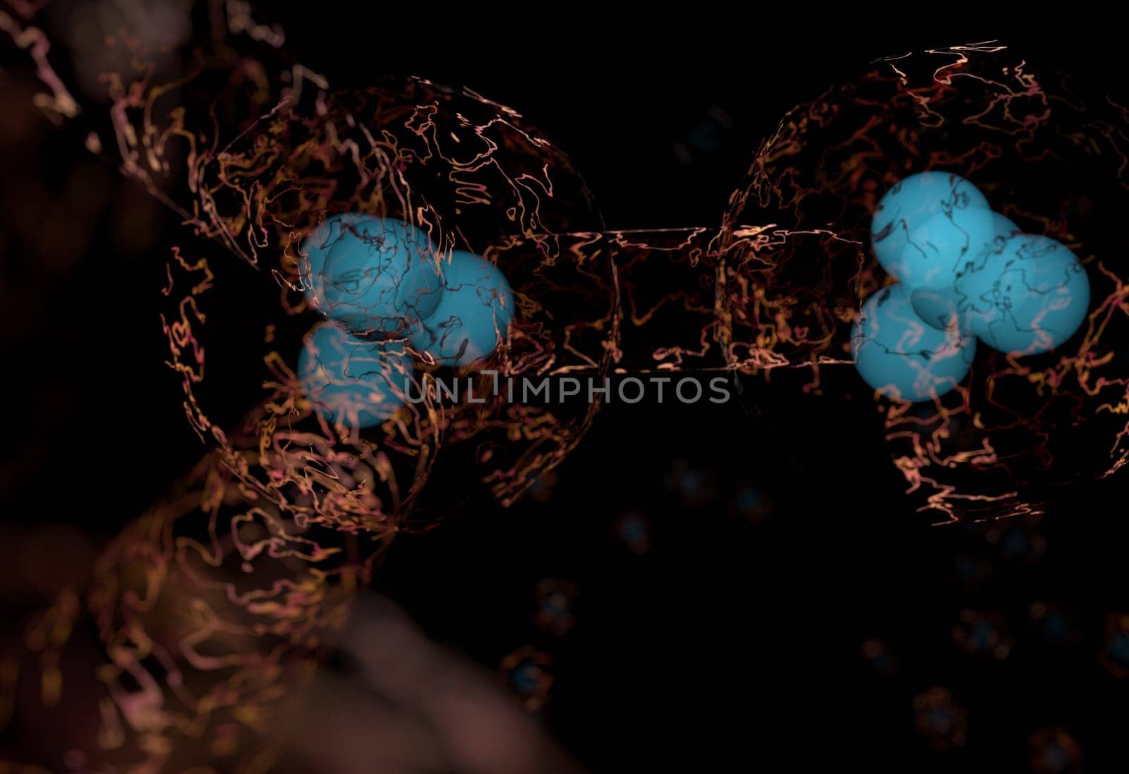 blue protons and neutrons in nucleus and surronded cloud of electrons 3d render