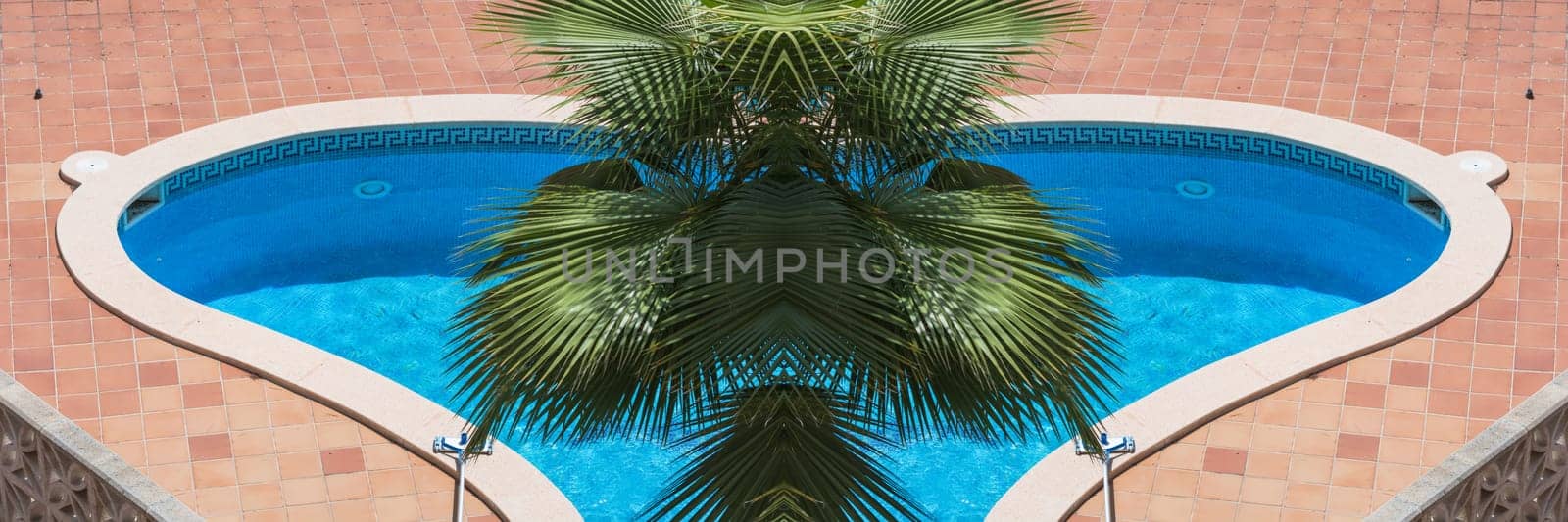 Outdoor swimming pool,whirlpool with blue tiles and palm tree..