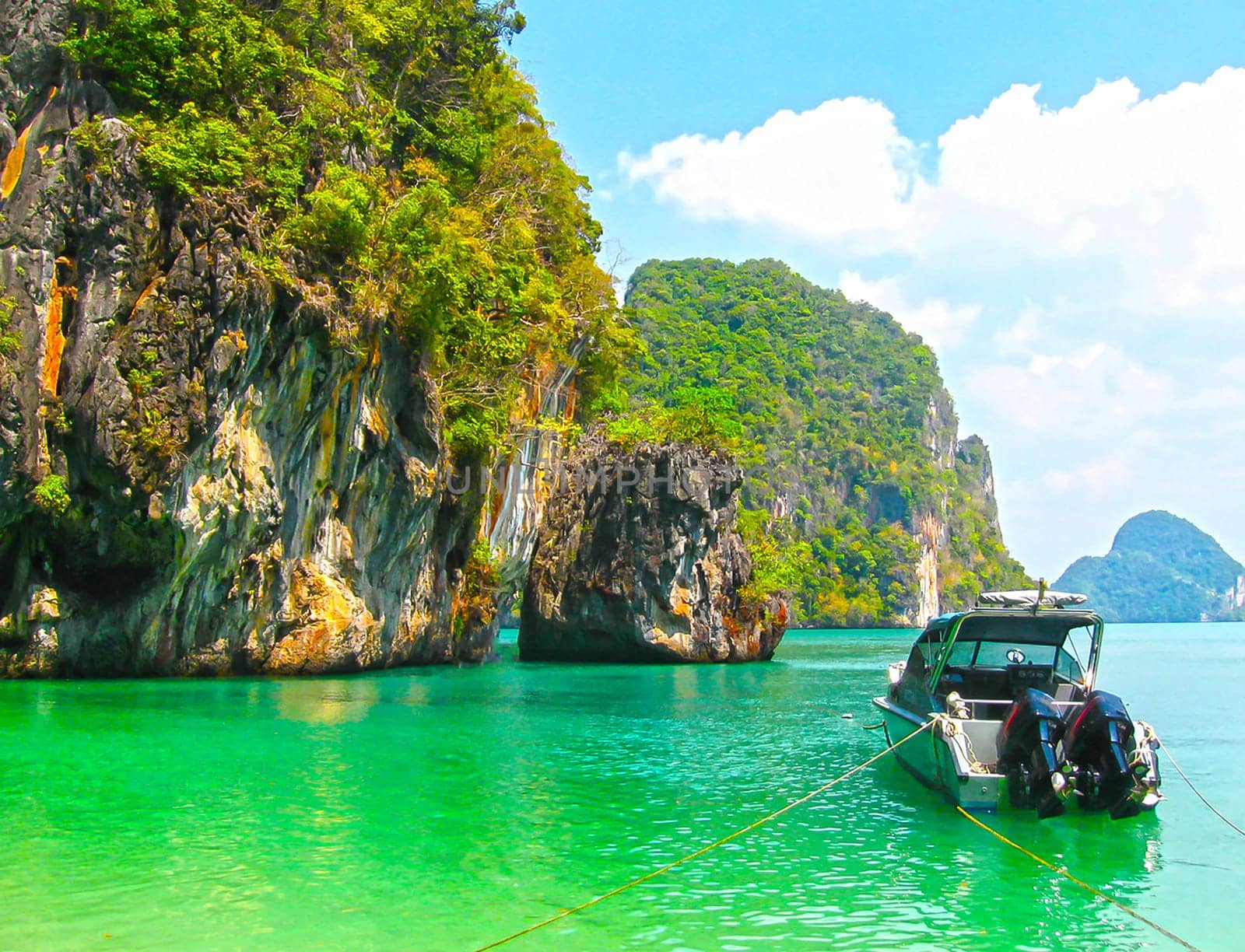 The blurred image of tropical landscape. Railay beach, Krabi, Thailand. View of the rock and sea