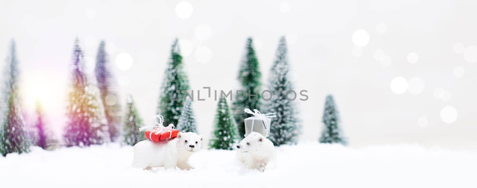 Christmas polar and grizzly bears in Snowy Winter Forest - Christmas Card