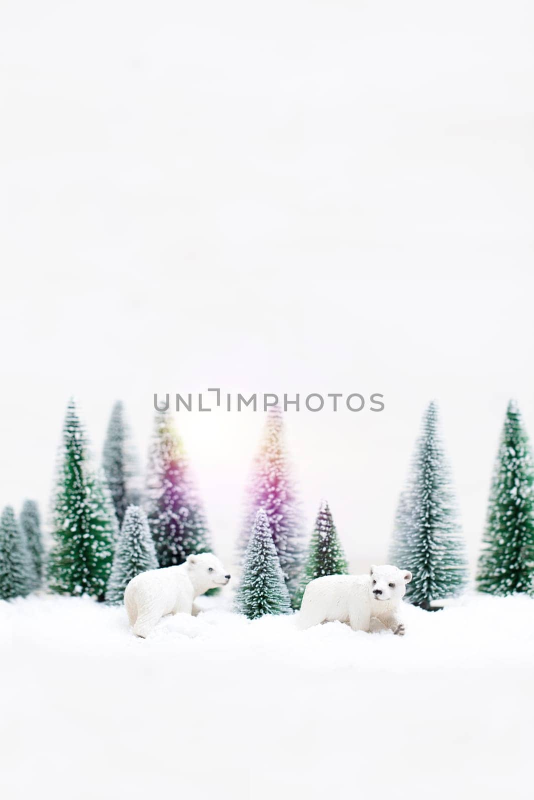 Christmas polar and grizzly bears in Snowy Winter Forest - Christmas Card
