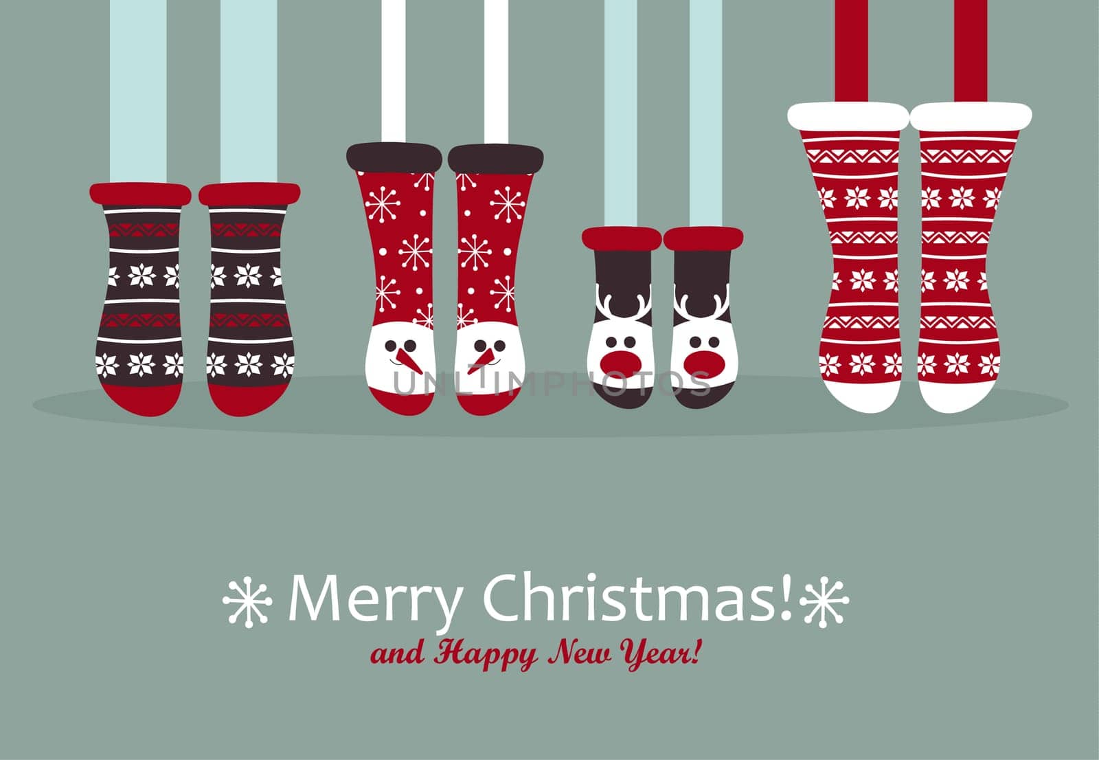Family feet in Christmas socks. Winter holiday concept. Happy new year Greeting Card. Vector illustration.