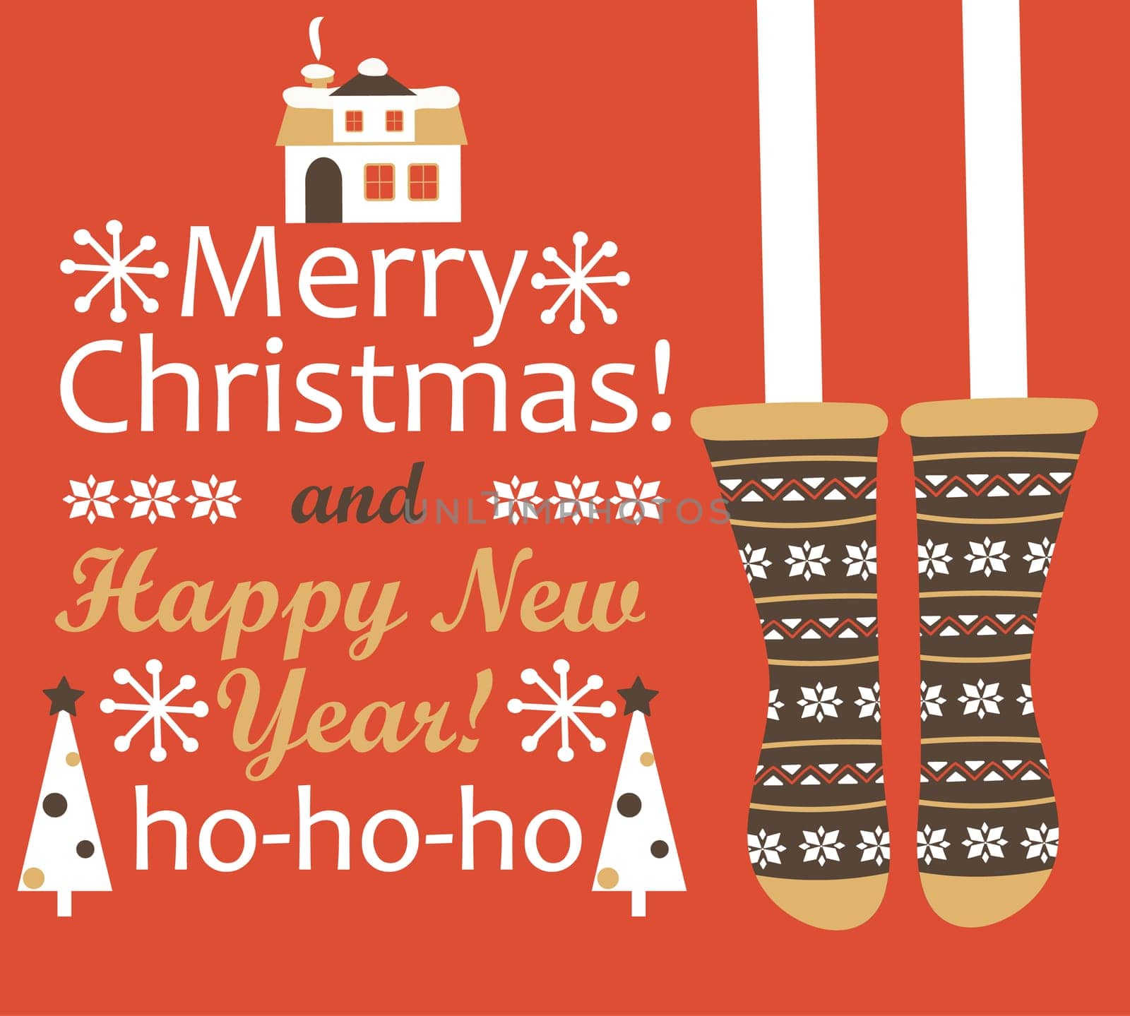 Merry Christmas and Happy new year Greeting Card. Christmas stocking. Vector illustration.