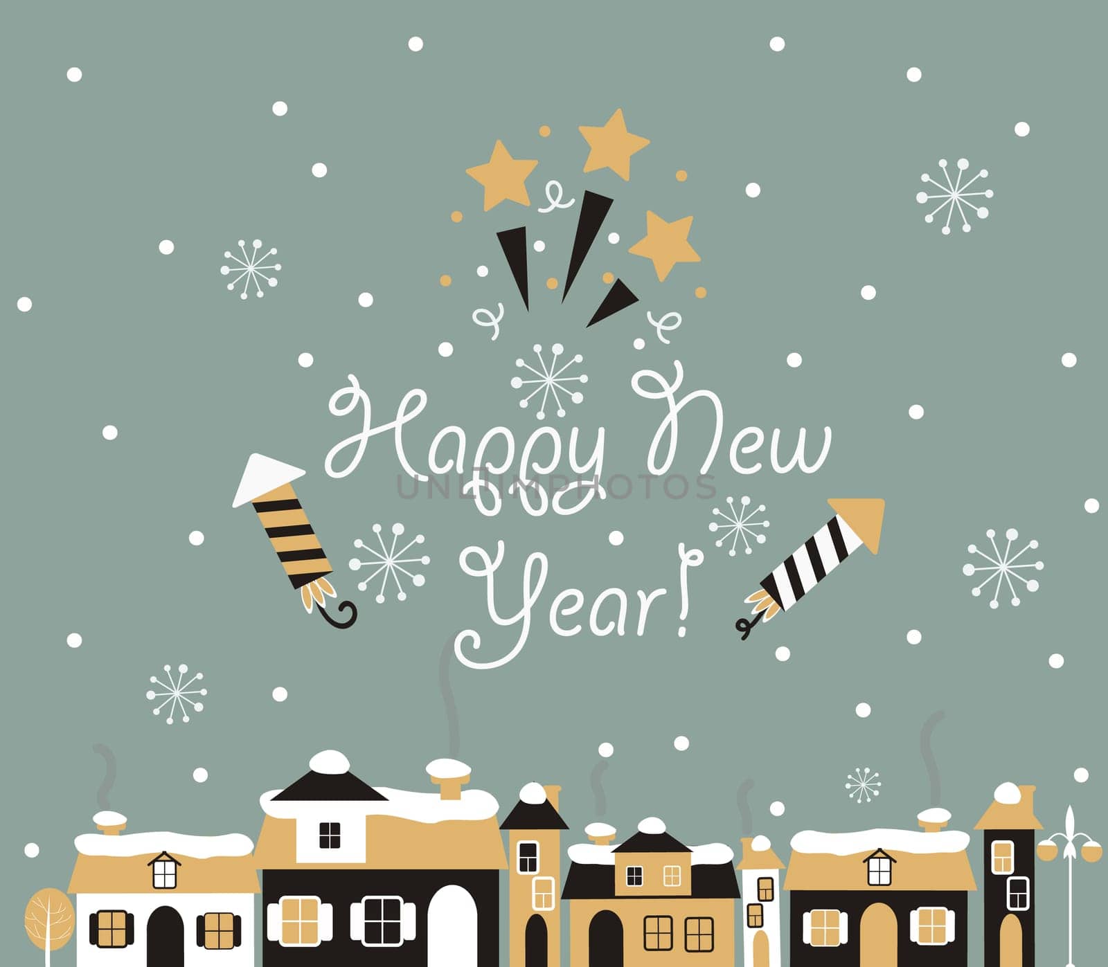Winter town. Happy new year Greeting Card with lettering. Vector illustration.