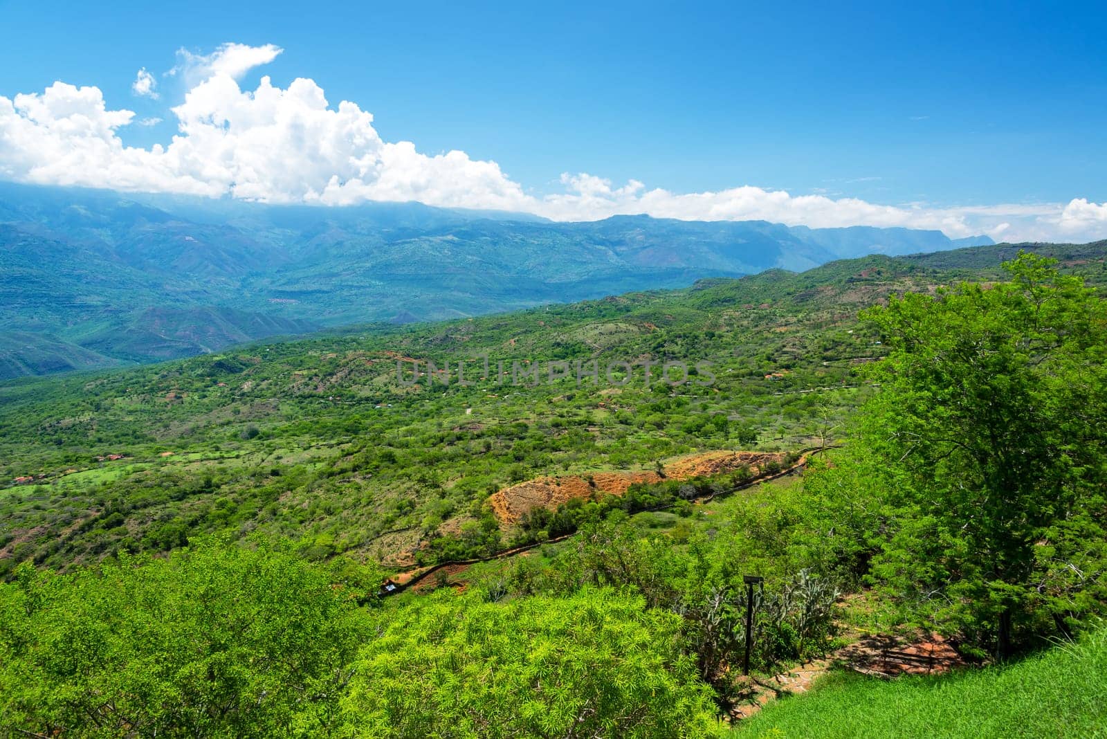 Lush green landscape of the area around Barichara, Colombia