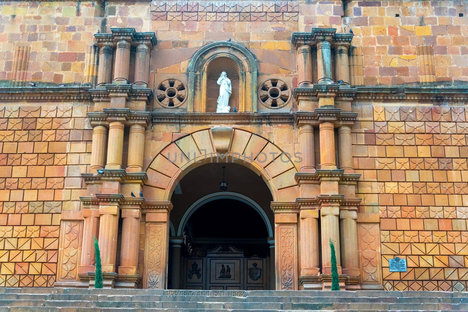 Entrance to the cathedral in the historic village of Barichara, Colombia