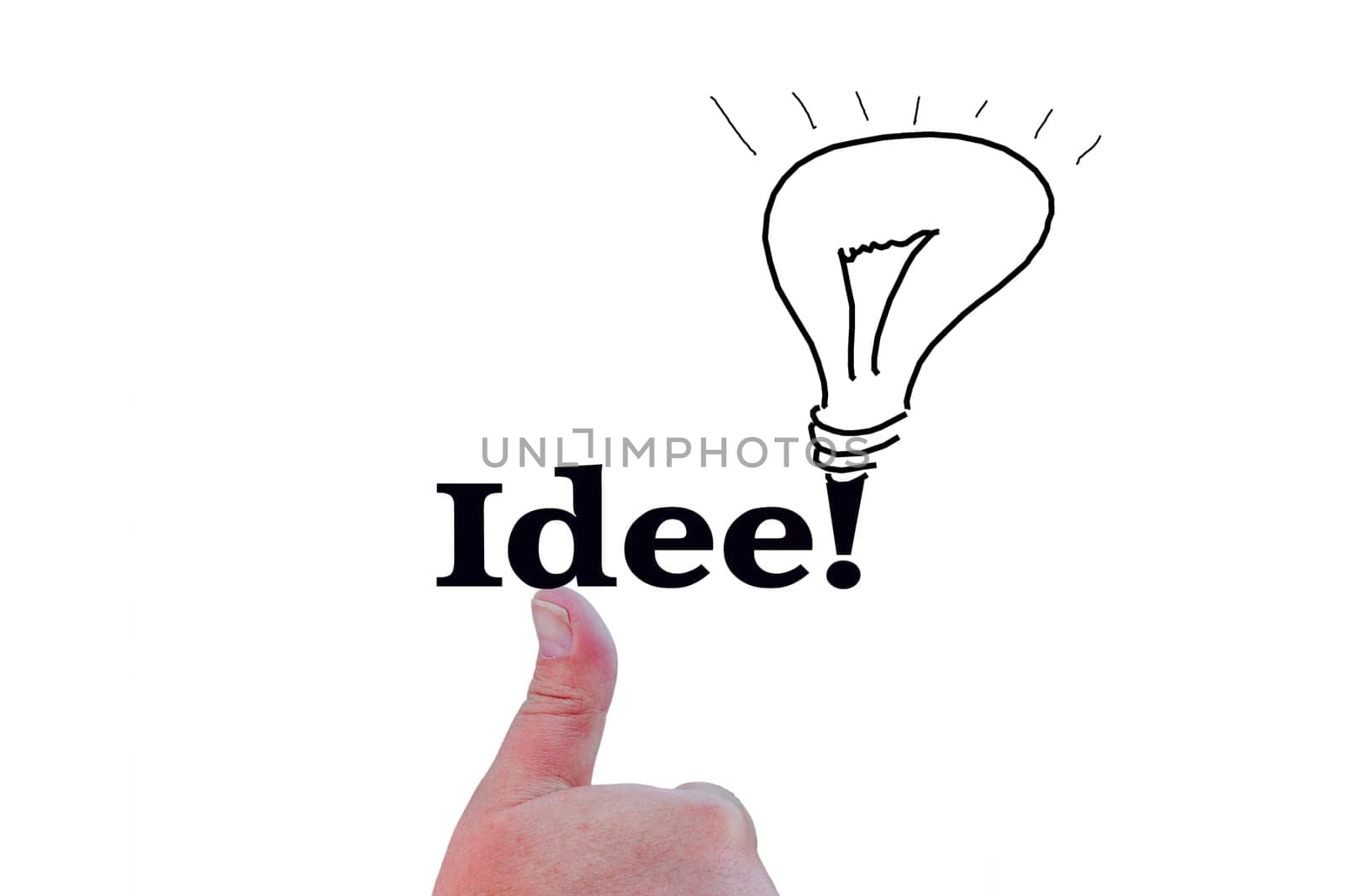 Hand with thumbs up above a drawn light bulb with text idea. (in German for incident).