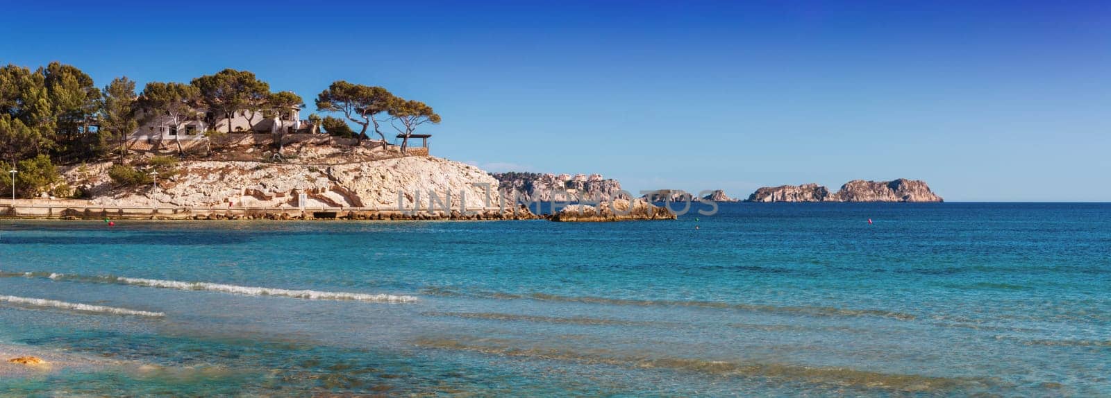 Panoramic view of the bay of Paguera with sandy beach and azure waters,Mallorca,Spain..