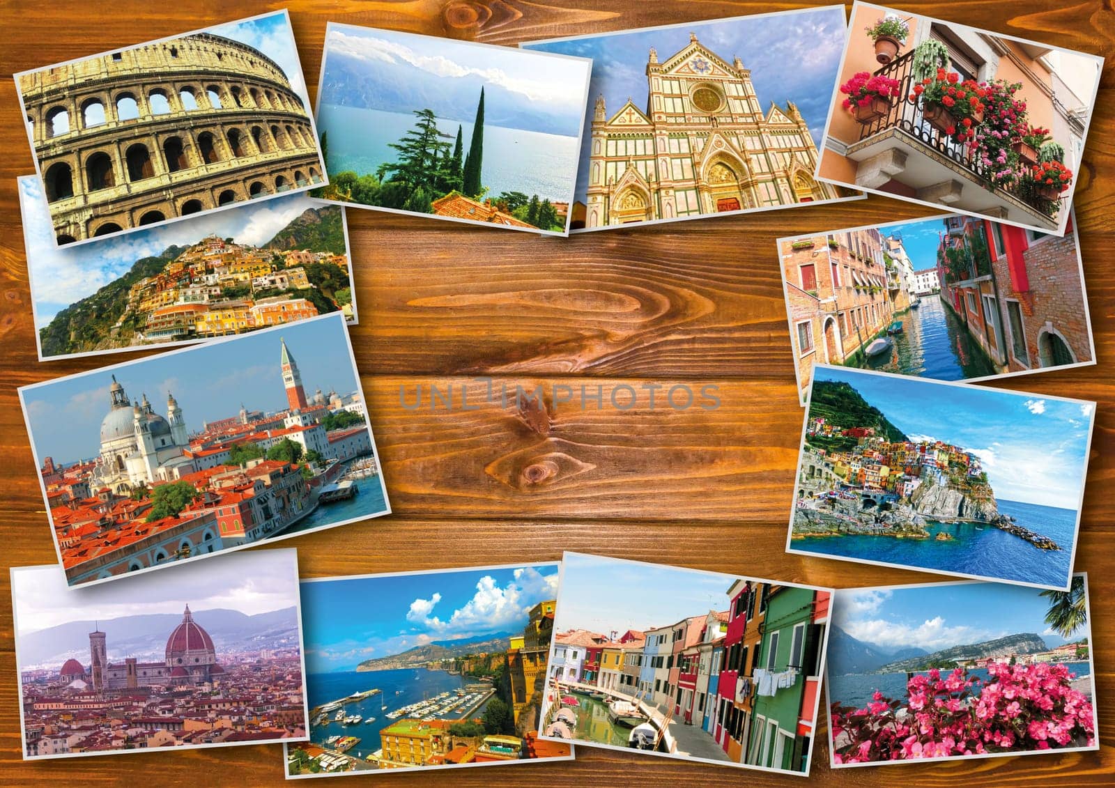 The collage from photos of Italy on wooden background