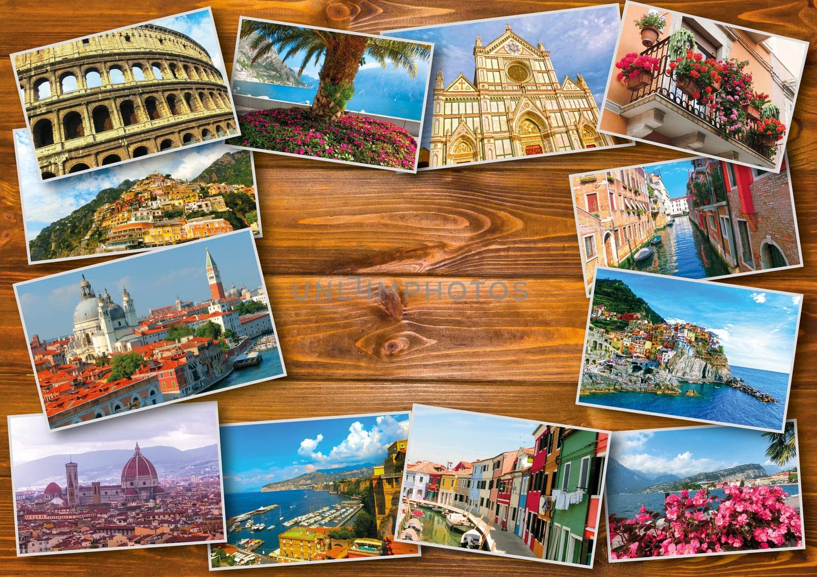 The collage from photos of Italy on wooden background