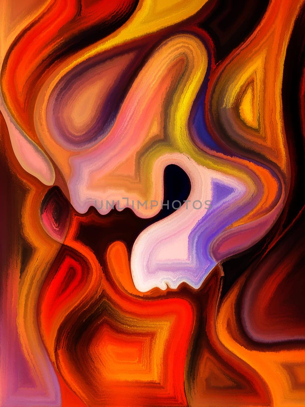 Inner Dialog series. Artistic background made of human profiles and vivid paint shapes for use with projects on emotions, relationships, human drama, spirituality and design