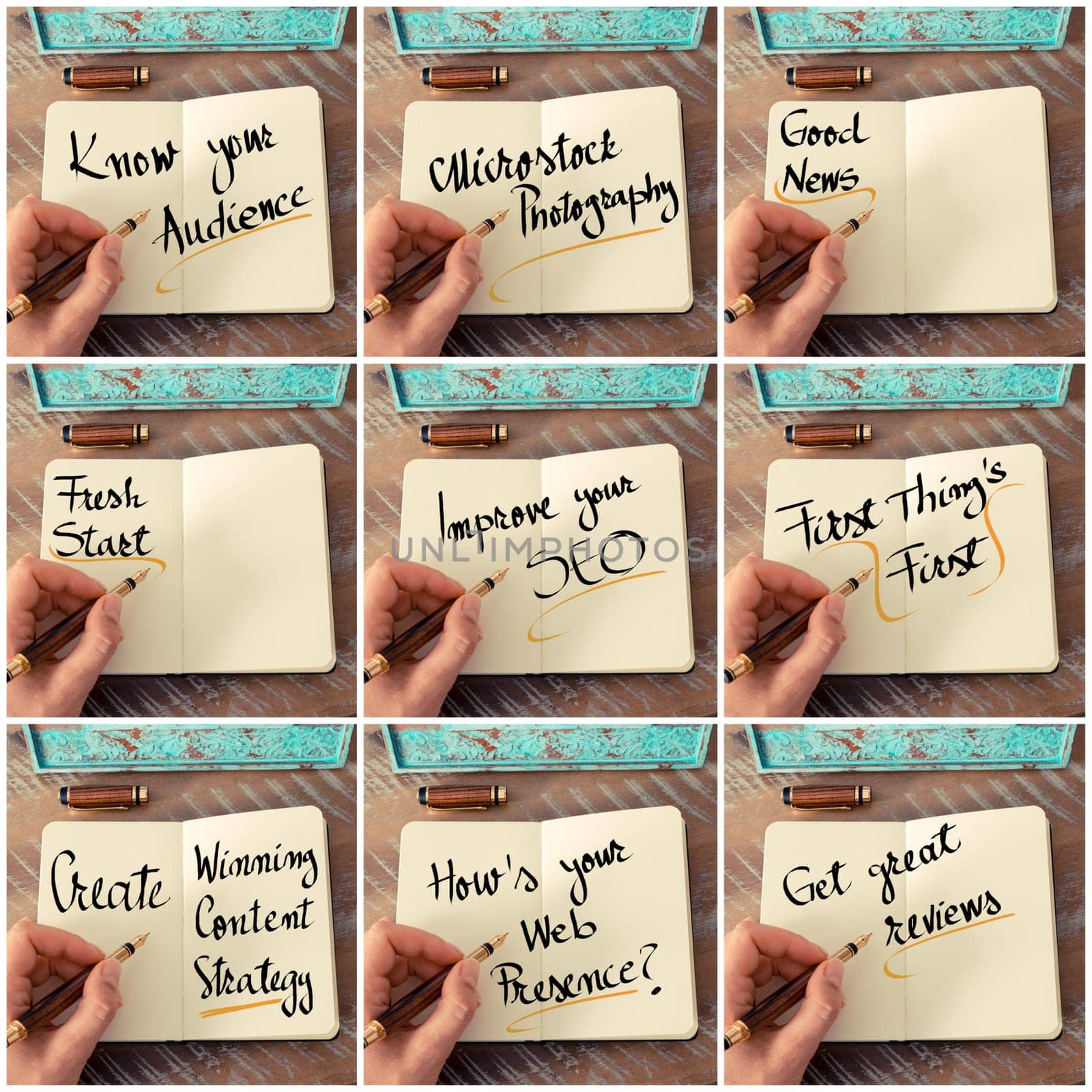 Photo collage of handwritten business motivational messages. Retro effect and toned image of a woman hand writing a note with fountain pen on a notebook as business concept image.